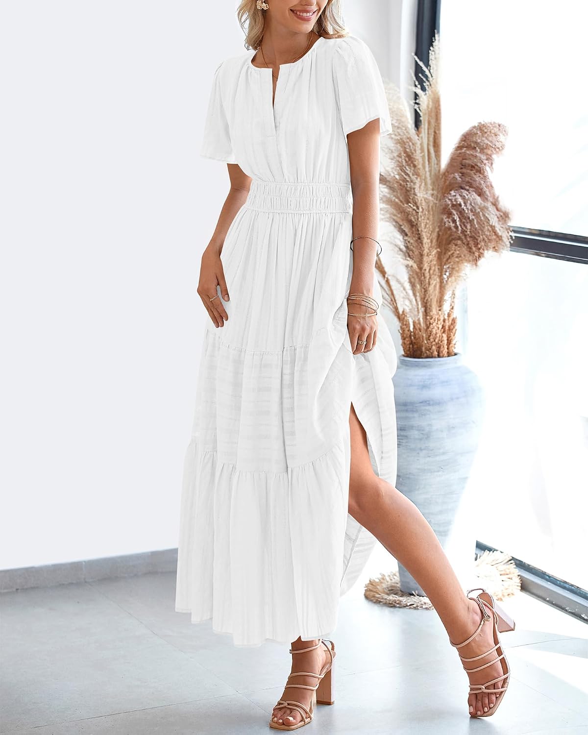 Womens Summer 2026 Casual Maxi Dresses | Lightweight Short Sleeve V Neck,Elastic Waist A Line Long Dress,Boho Beach Dress Pockets,Vacation Outfits,Fashion Clothing