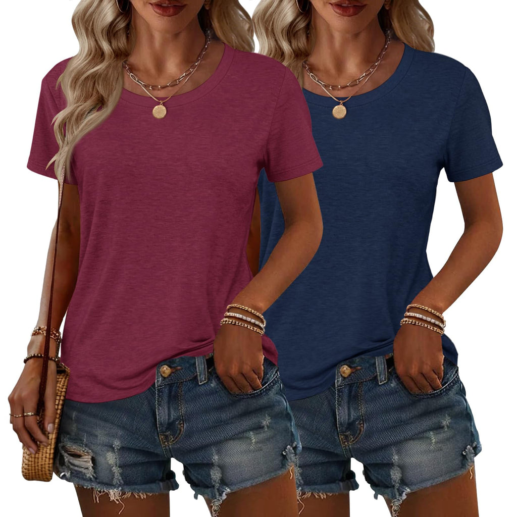2PCS Women Short Sleeve T Shirts Crew Neck Solid Soft Basic Tee Casual Loose Fit Lightweight Summer Tops Clothes 2026