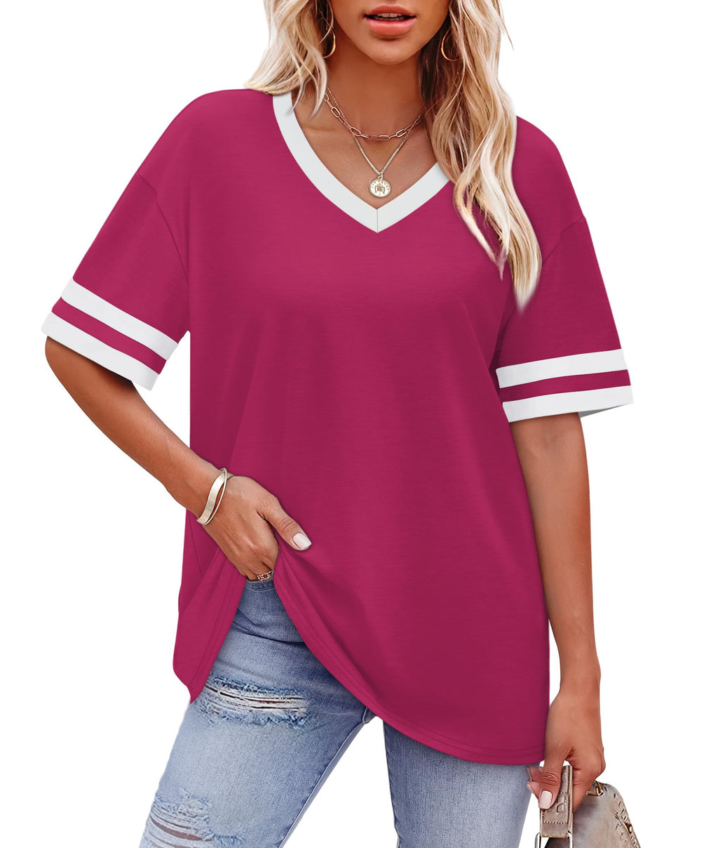 Womens T Shirts Loose Fit Short Sleeve Tees V Neck Color Block Summer Tops 2026 Fashion S-4XL