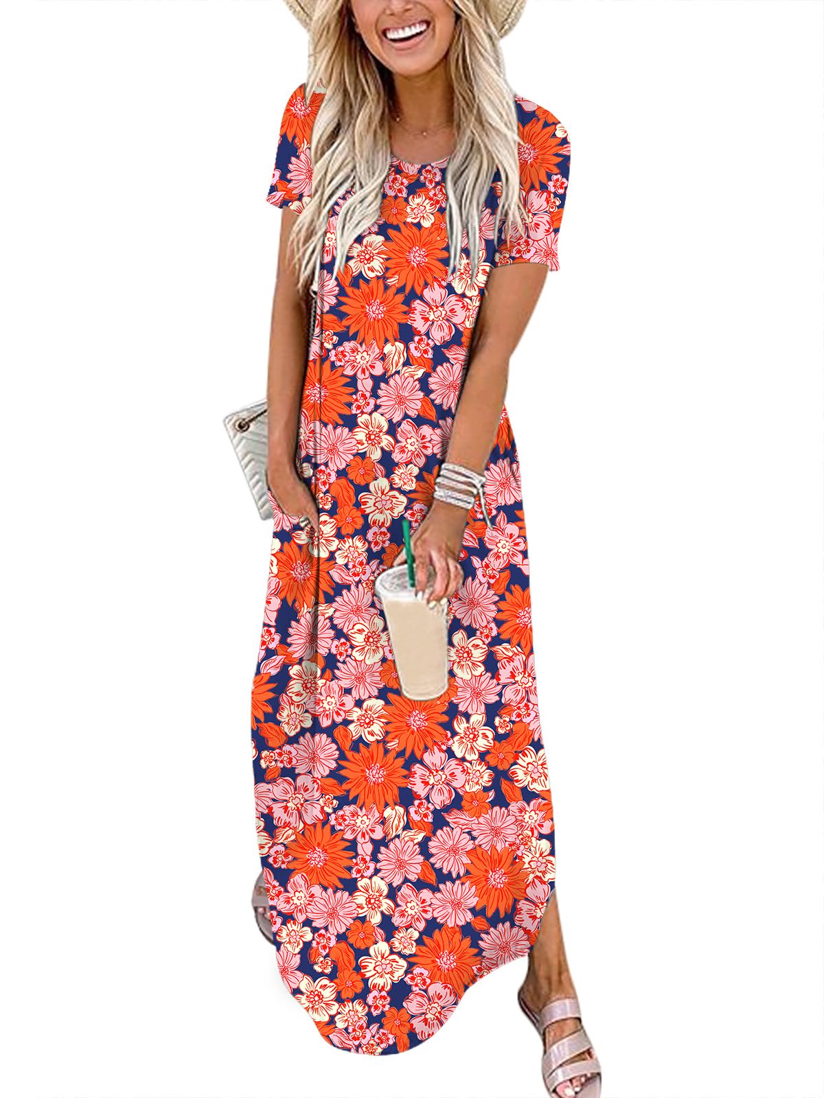 Womens Summer Maxi Dress Short Sleeve Casual Loose Long T Shirt Dresses Split Vacation Beach Sundress Travel Outfits