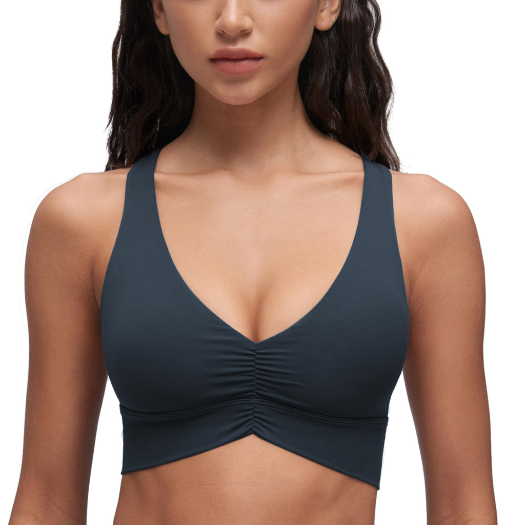 YOGA Ruched V Neck Sports Bra | Light Support, Removable Pads, Yoga, Extremely Soft, Cross Back, Wide Straps, for Women
