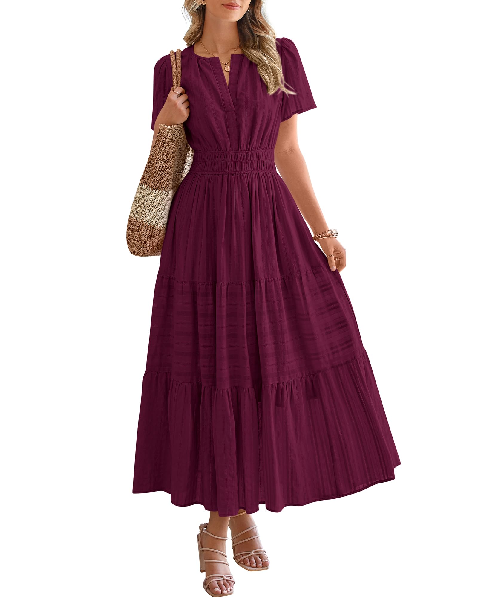 Womens Summer 2026 Casual Maxi Dresses | Lightweight Short Sleeve V Neck,Elastic Waist A Line Long Dress,Boho Beach Dress Pockets,Vacation Outfits,Fashion Clothing