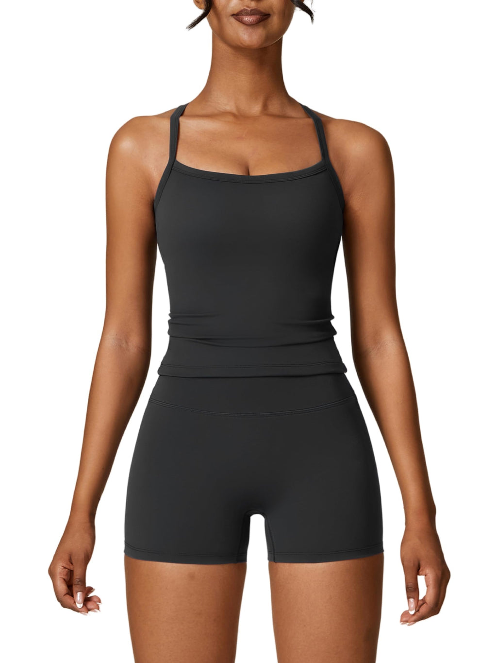 2 Pieces Workout Sets for Women, Cross Back Tank Top Matching High Waist Biker Shorts, Gym Yoga Pilates Outfits