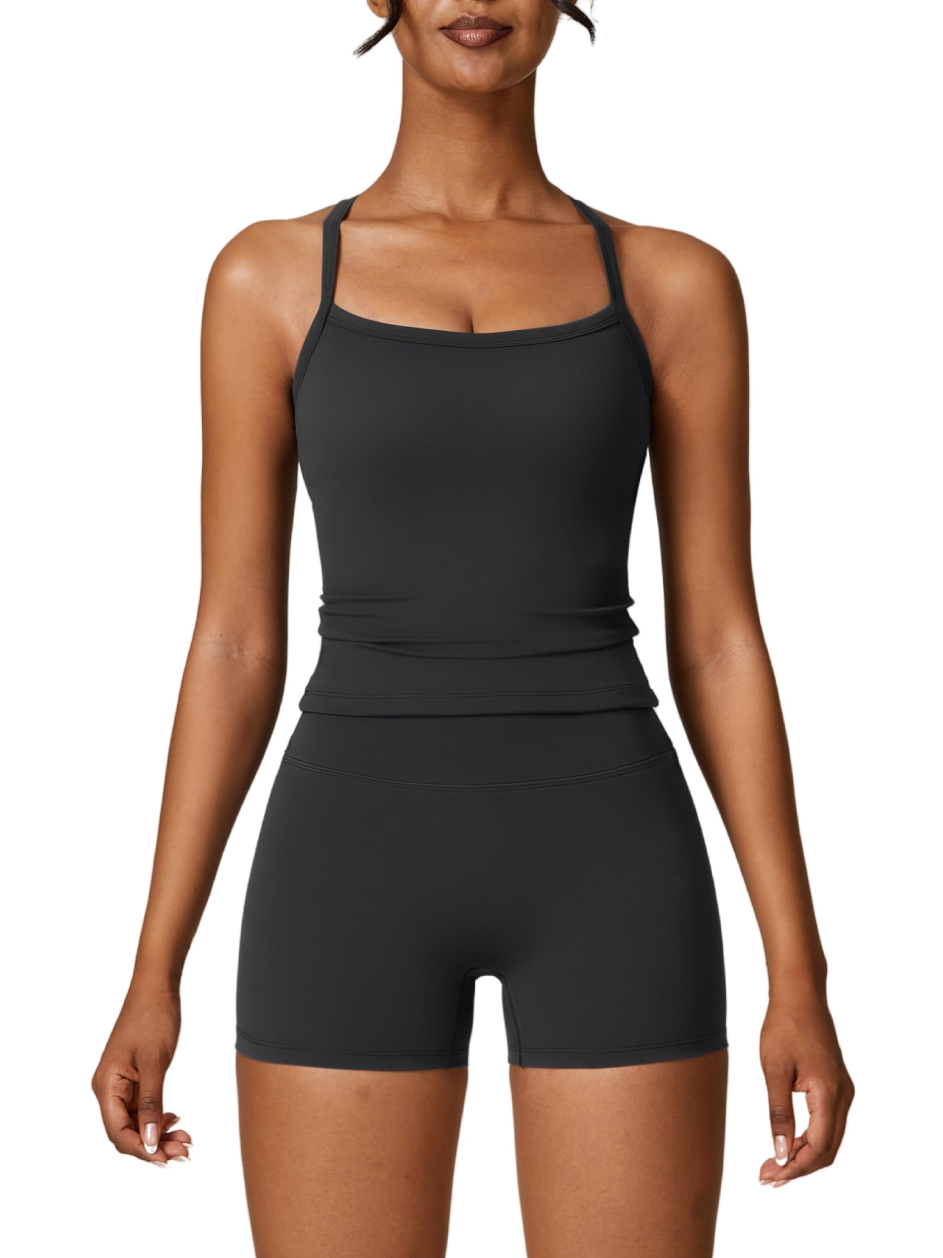 2 Pieces Workout Sets for Women, Cross Back Tank Top Matching High Waist Biker Shorts, Gym Yoga Pilates Outfits