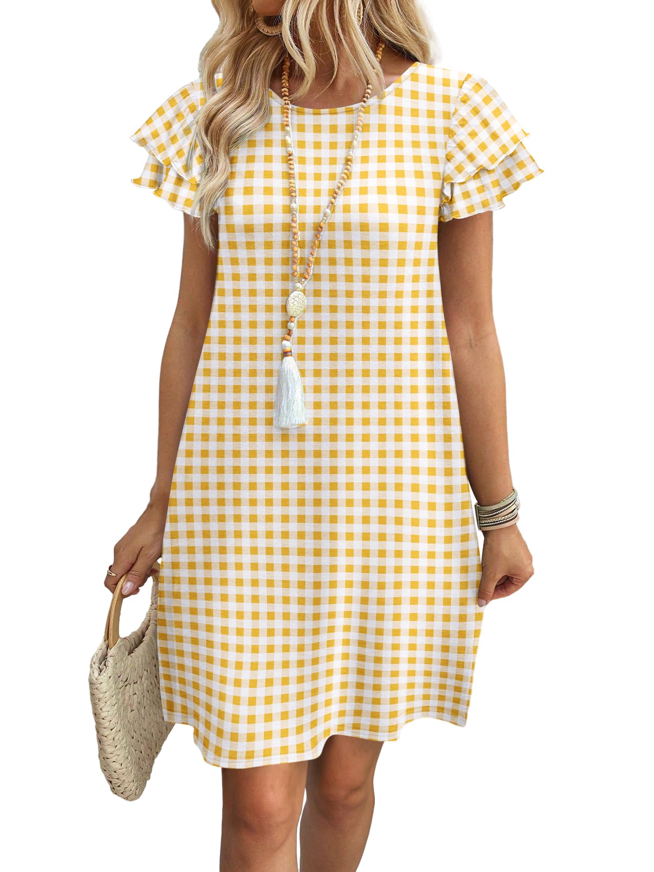 Womens Summer Dresses 2026 Ruffle Sleeve Round Neck Loose Swing Sundresses with Pockets Plain/Print
