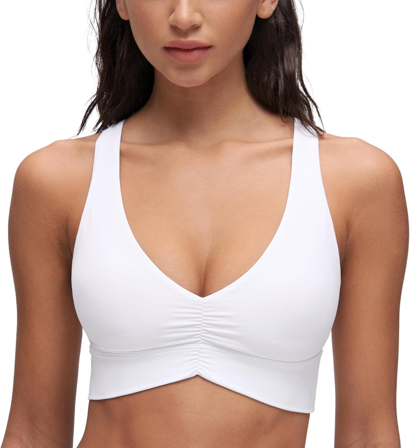 YOGA Ruched V Neck Sports Bra | Light Support, Removable Pads, Yoga, Extremely Soft, Cross Back, Wide Straps, for Women