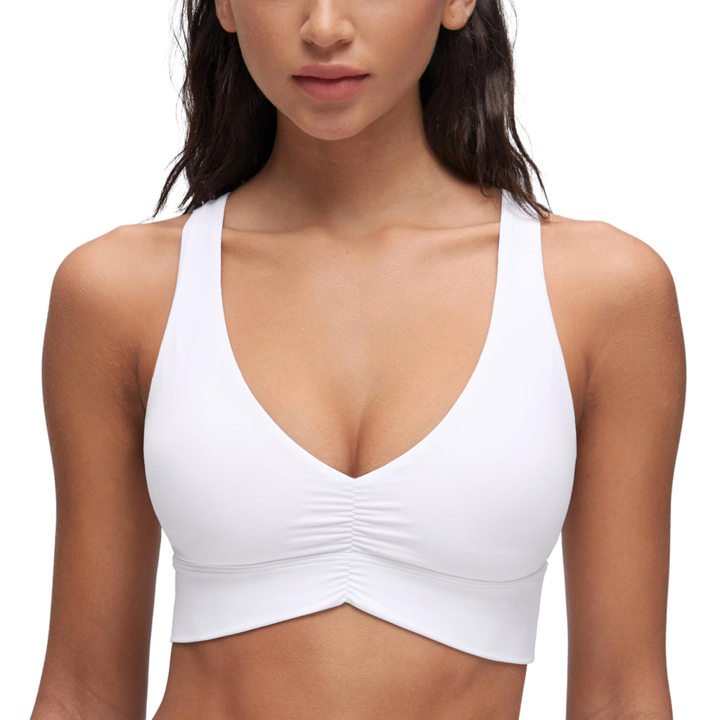 YOGA Ruched V Neck Sports Bra | Light Support, Removable Pads, Yoga, Extremely Soft, Cross Back, Wide Straps, for Women