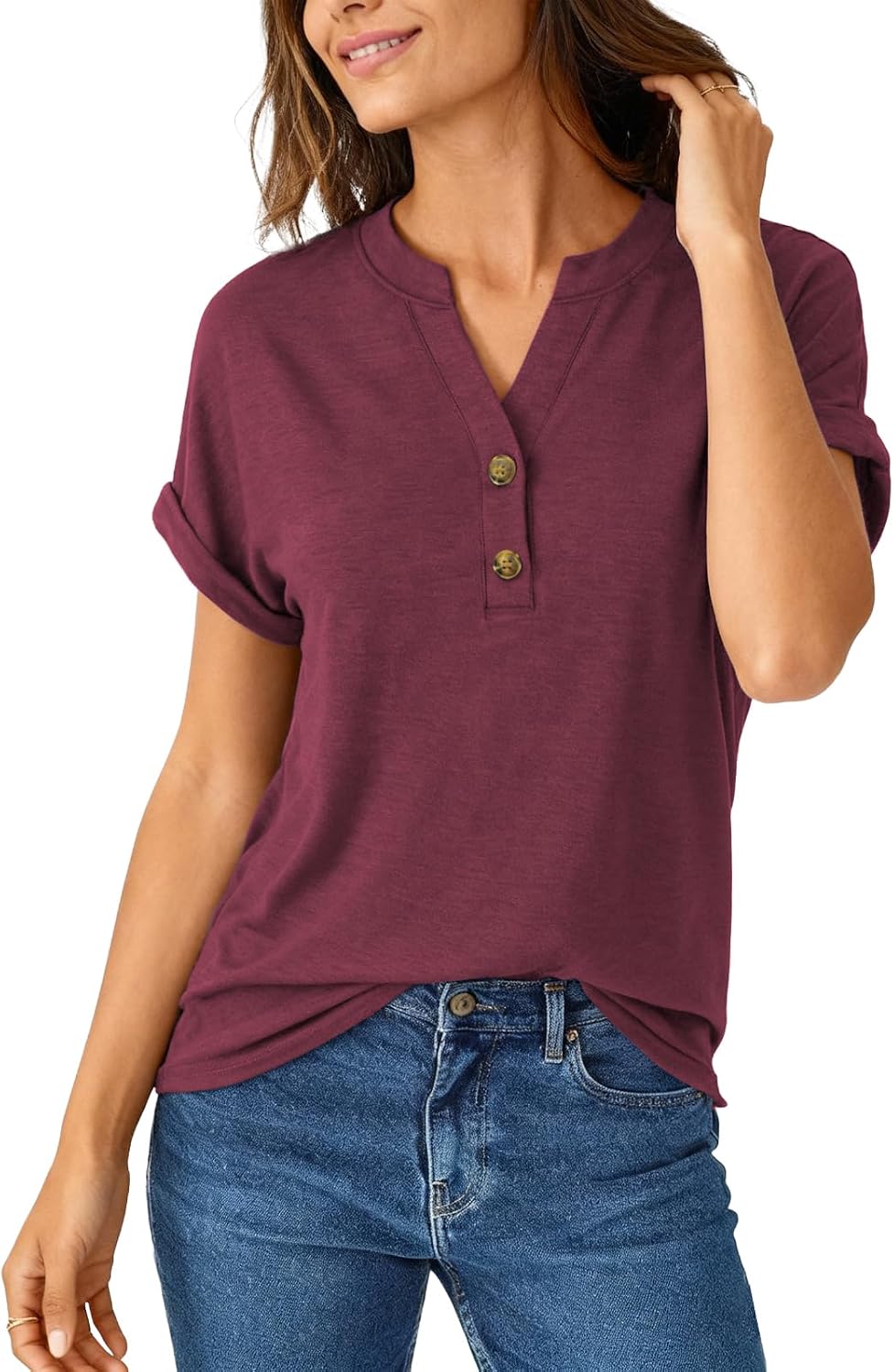 Women Tops Shorts Sleeve Shirts V Neck Henley Tops Trendy Casual T Shirts | Soft Breathable Loose Blouses Tees Outfits Clothes for Spring, Summer, Beach, Vacation, Workout