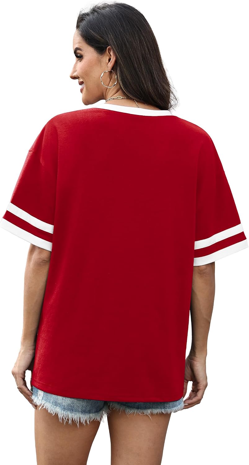 Womens T Shirts Loose Fit Short Sleeve Tees V Neck Color Block Summer Tops 2026 Fashion S-4XL