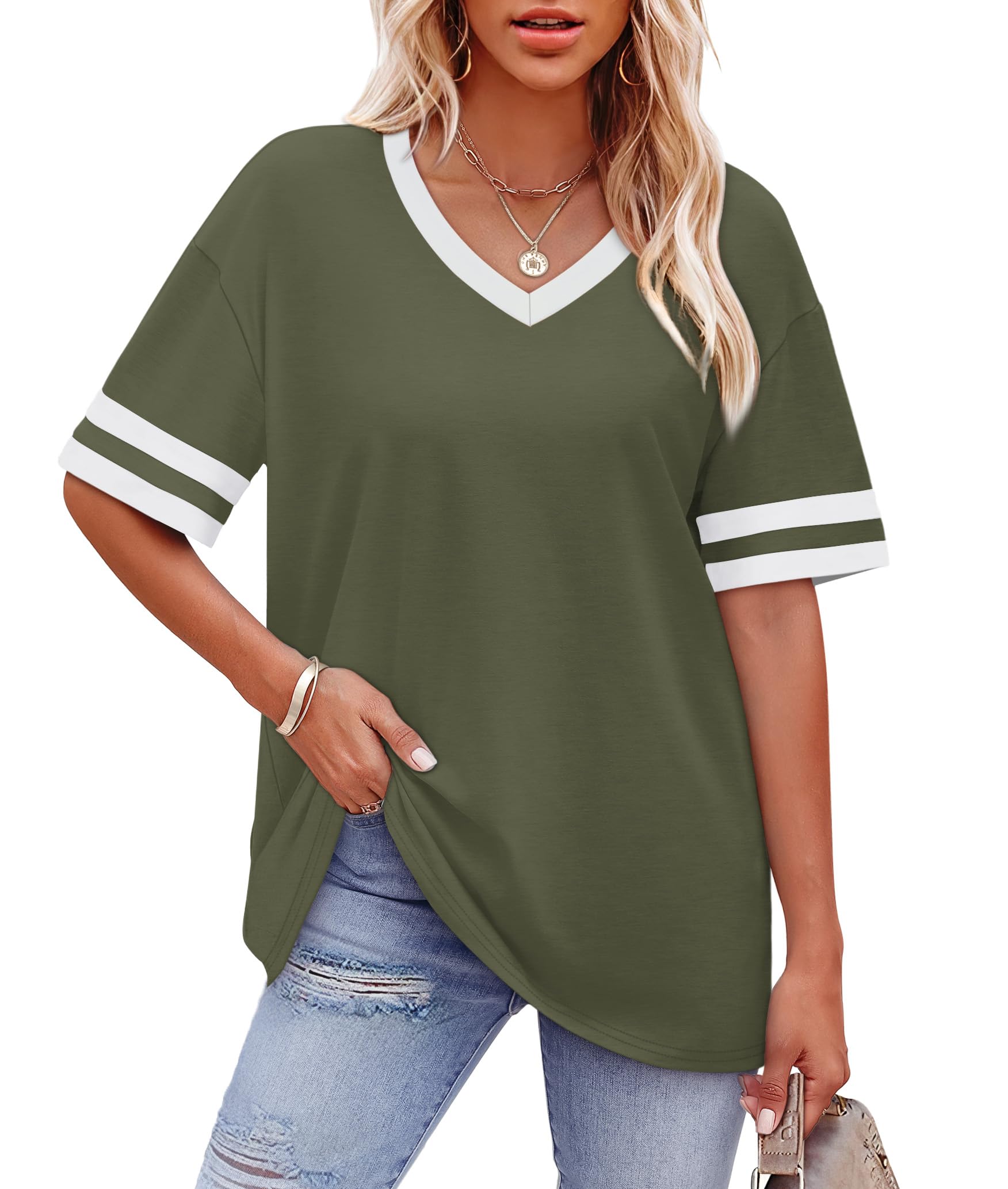 Womens T Shirts Loose Fit Short Sleeve Tees V Neck Color Block Summer Tops 2026 Fashion S-4XL