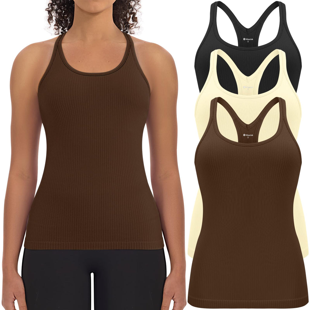 3 Pack Workout Tank Tops for Women with Built in Bra Ribbed | with Removable Pads, Seamless, Racerback, Scoop Neck, Athletic Running Gym Yoga Tops, High Stretch Fabric, Hip Length, Soft