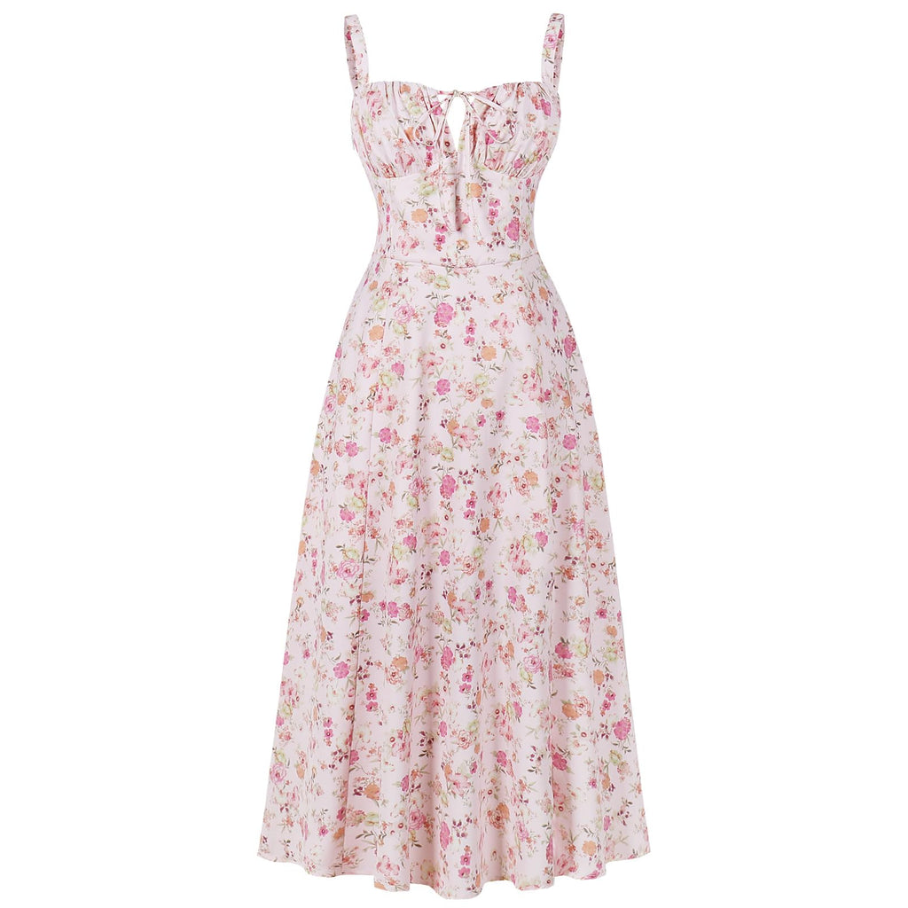 Women Floral Corset Dress Summer Dress 2026 Boho Flowy Slit Lace Up Midi Dresses Going Out A Line Casual Sundress