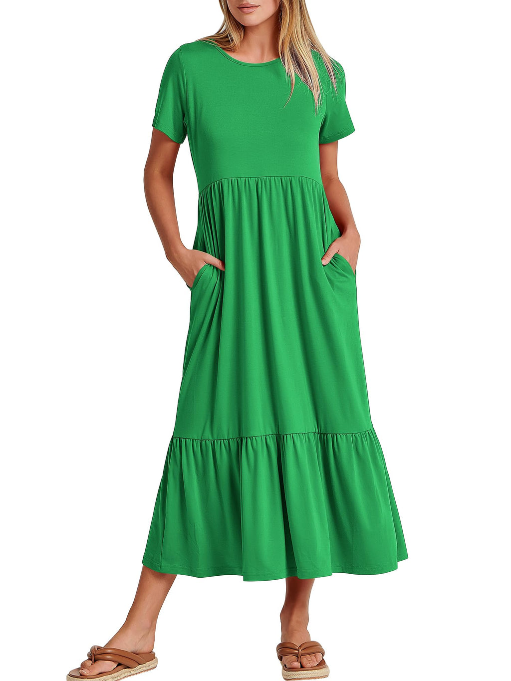 Womens 2026 Summer Casual Maxi Dress A line Tiered Flowy Short Sleeve Crewneck T Shirt Beach Travel Long Dresses
