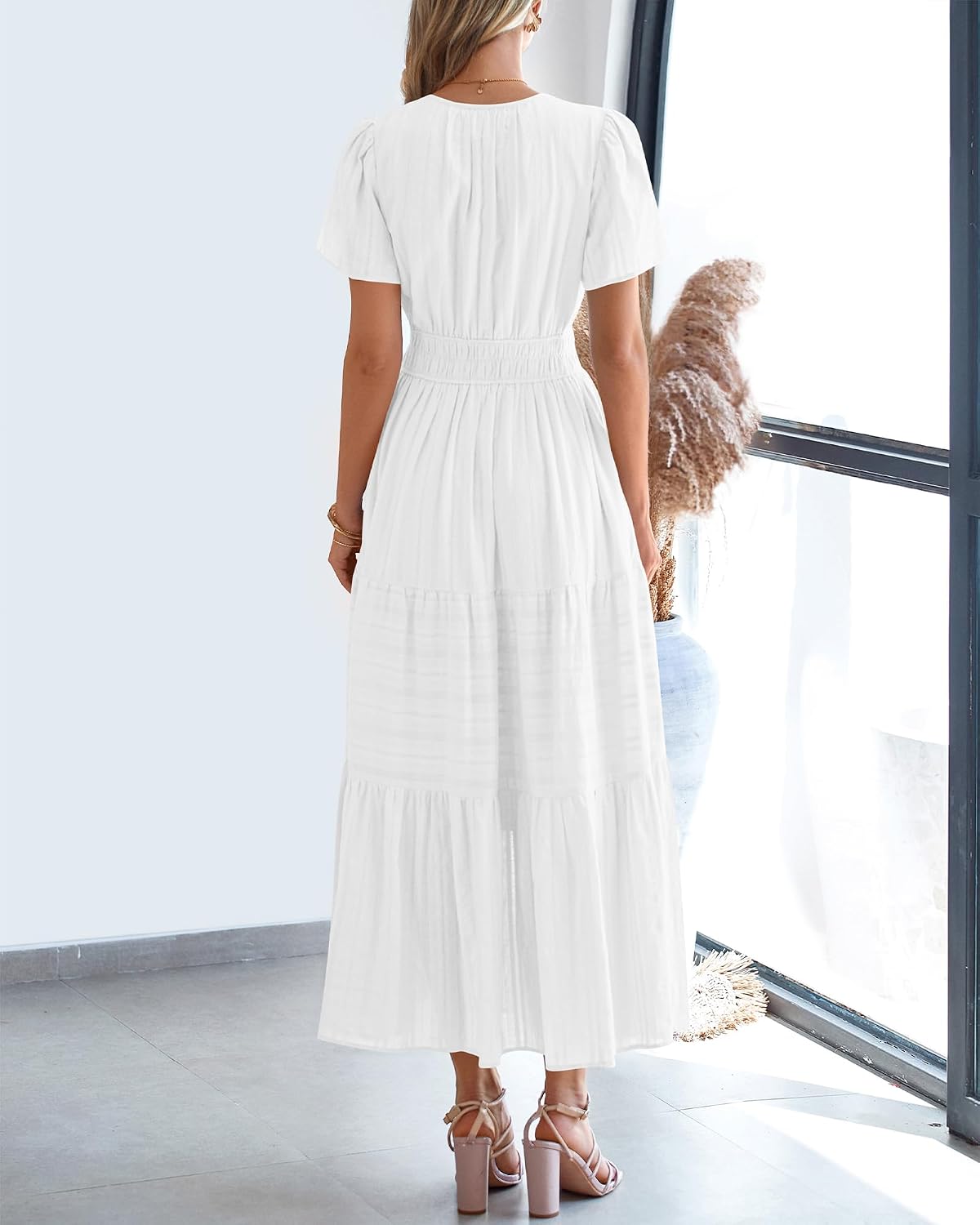 Womens Summer 2026 Casual Maxi Dresses | Lightweight Short Sleeve V Neck,Elastic Waist A Line Long Dress,Boho Beach Dress Pockets,Vacation Outfits,Fashion Clothing