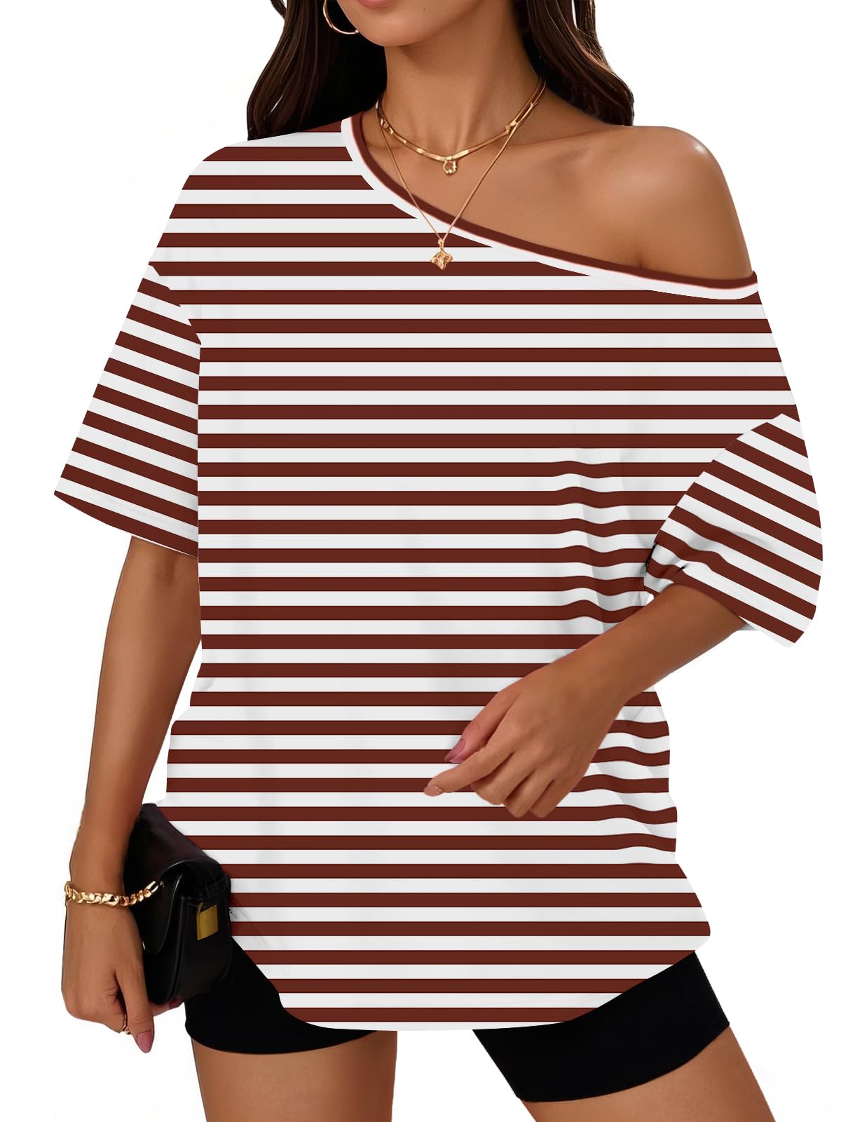 Womens Off the Shoulder Tops Oversized Summer T-Shirts 2026 | Breathable comfort stretch fabric, short sleeve, basic oversized tees, casual workout gym, y2k going out clothes
