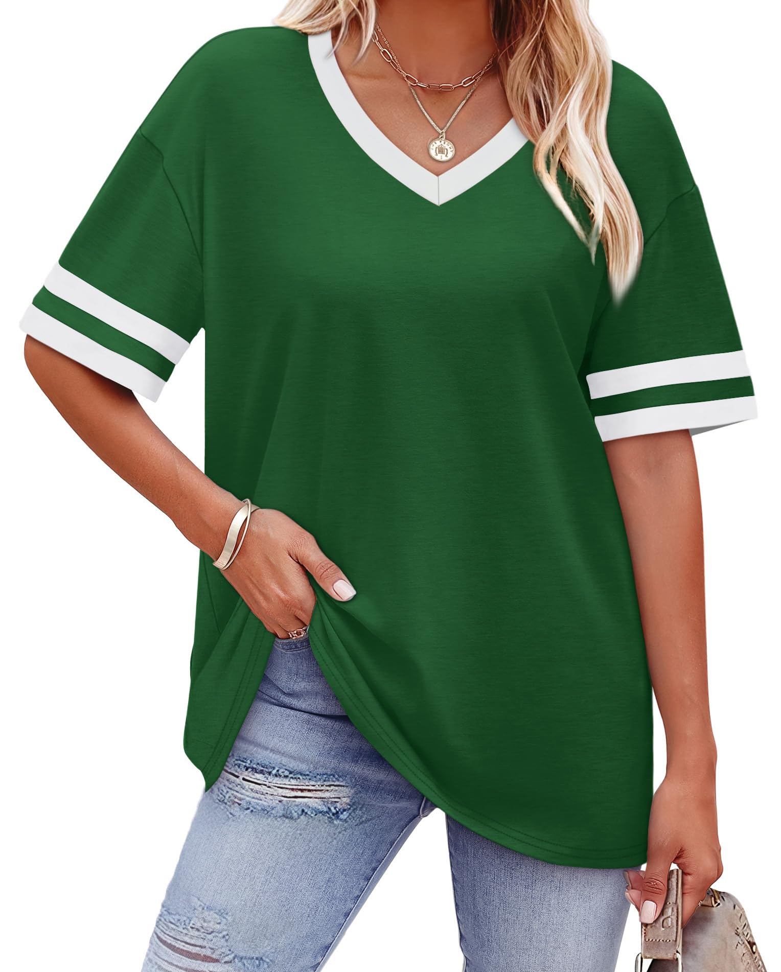 Womens T Shirts Loose Fit Short Sleeve Tees V Neck Color Block Summer Tops 2026 Fashion S-4XL