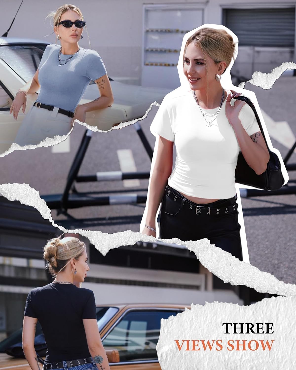 3 Pack Basic Tees for Women - Crew Neck Slim Fit Tight T Shirts Cute Y2K Trendy Crop Tops Clothes for Casual Summer