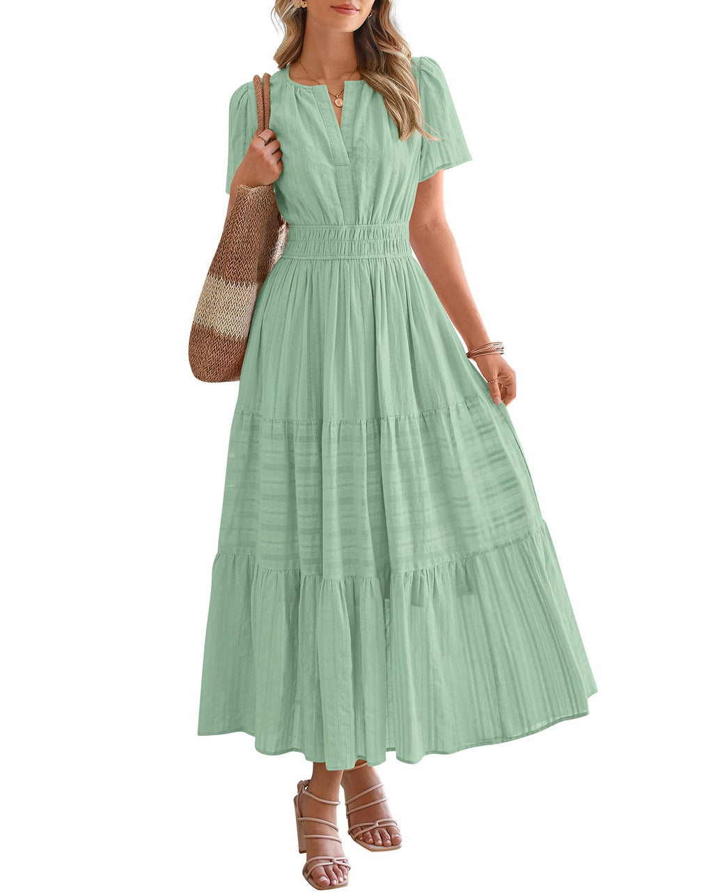 Womens Summer 2026 Casual Maxi Dresses | Lightweight Short Sleeve V Neck,Elastic Waist A Line Long Dress,Boho Beach Dress Pockets,Vacation Outfits,Fashion Clothing