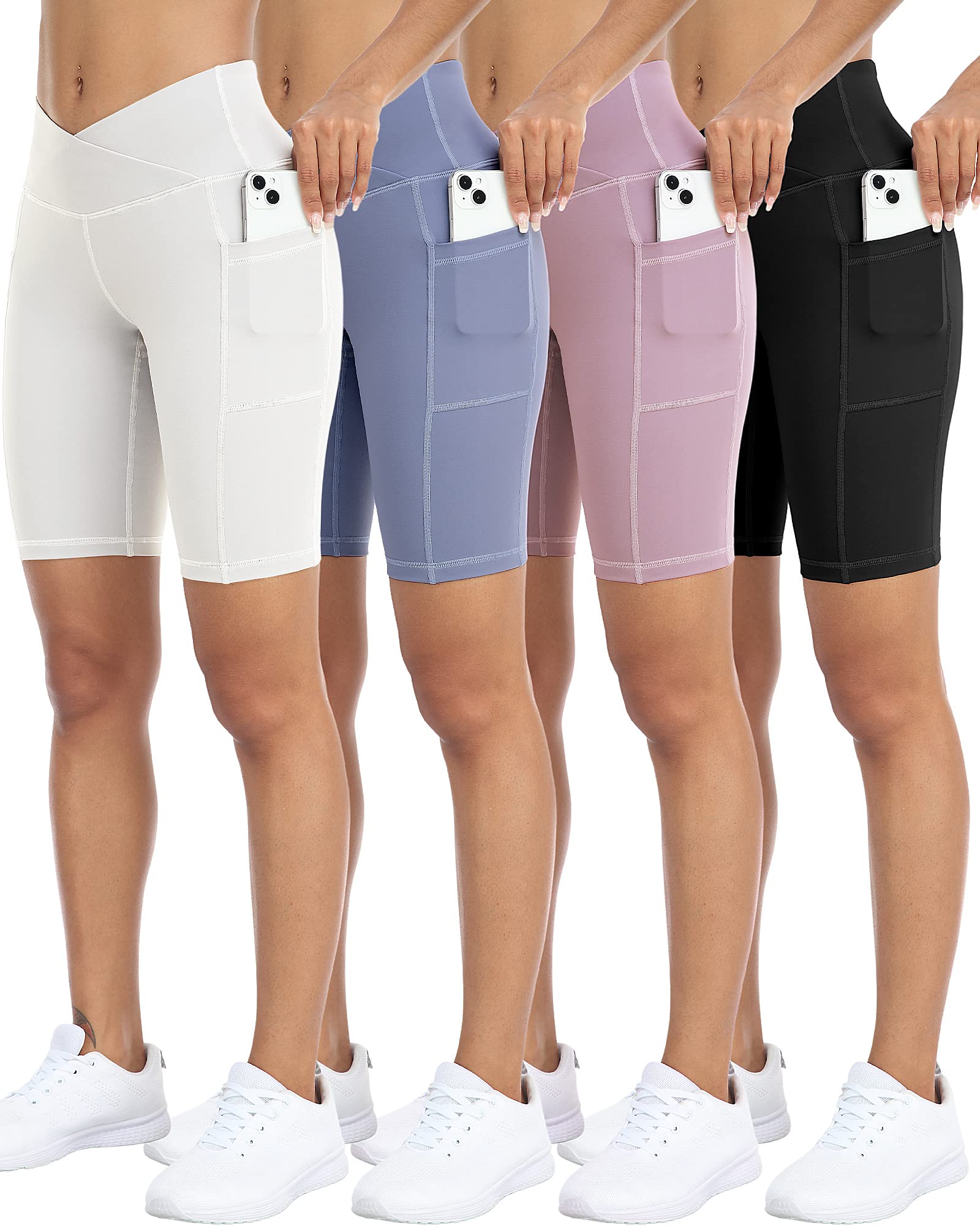 4 Pack Biker Yoga Shorts with Pockets for Women,High Waisted Athletic Running Workout Gym Shorts Tummy Control