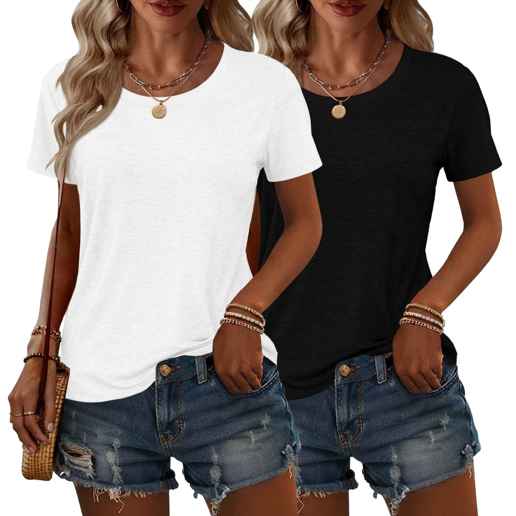 2PCS Women Short Sleeve T Shirts Crew Neck Solid Soft Basic Tee Casual Loose Fit Lightweight Summer Tops Clothes 2026