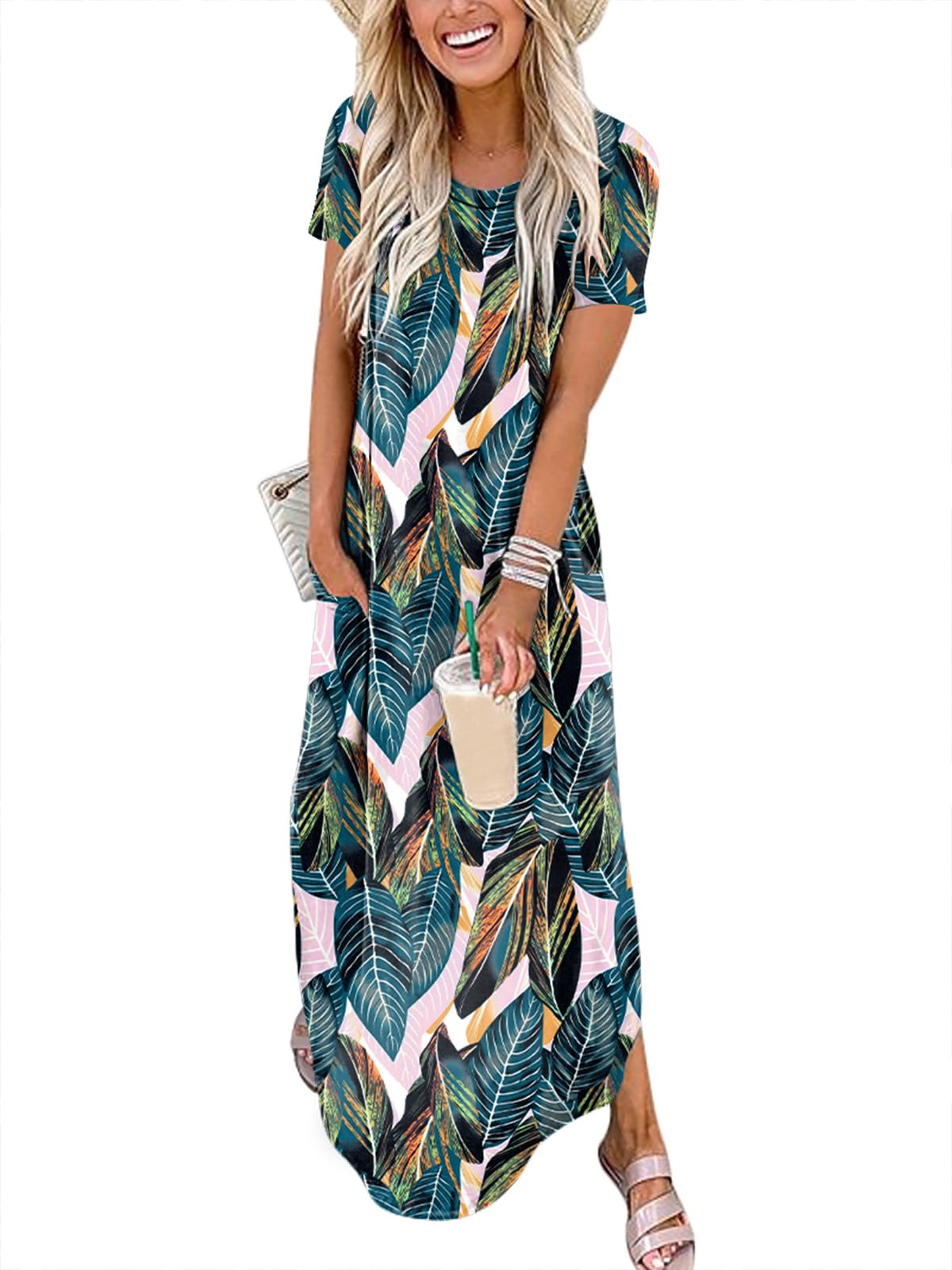 Womens Summer Maxi Dress Short Sleeve Casual Loose Long T Shirt Dresses Split Vacation Beach Sundress Travel Outfits