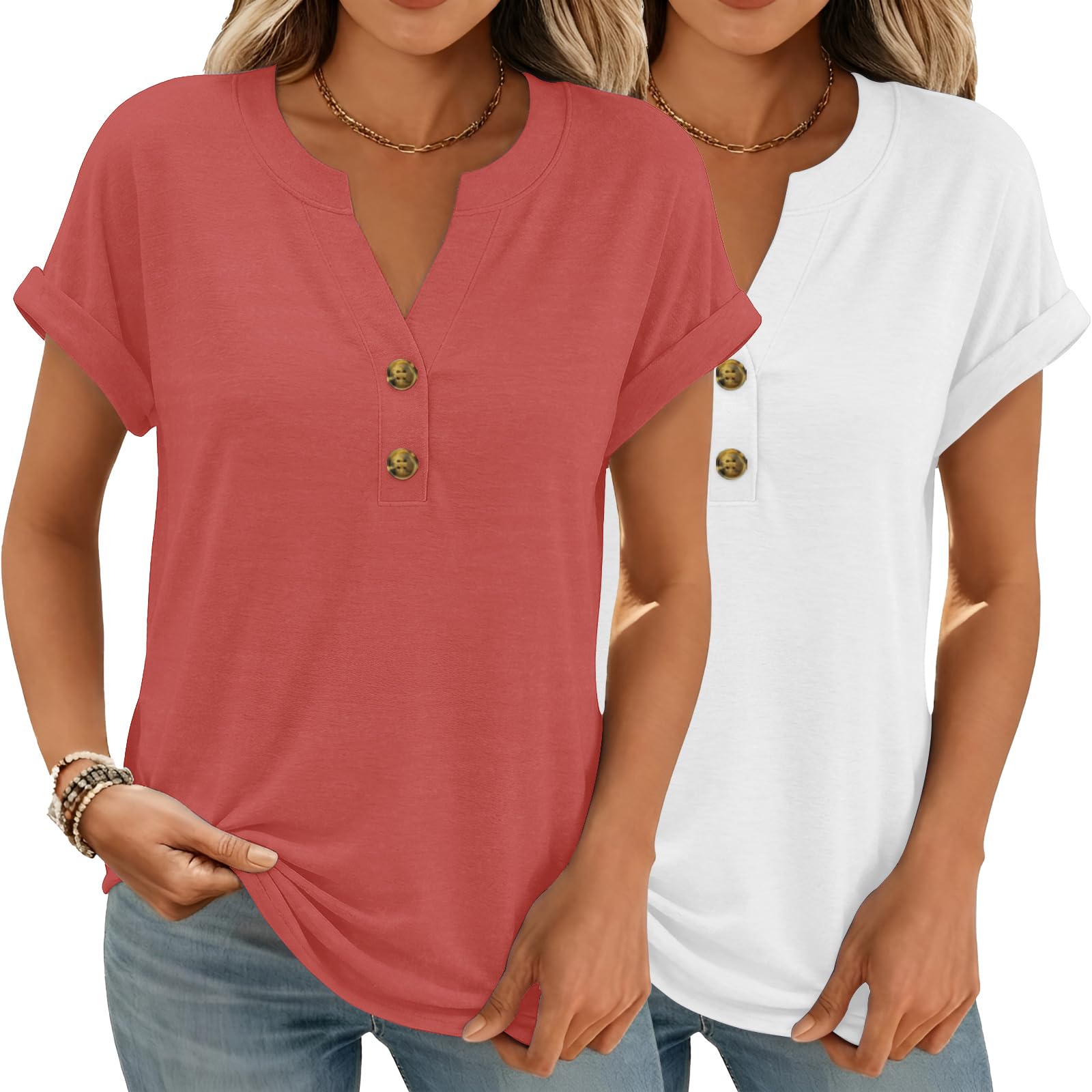 Women Tops Shorts Sleeve Shirts V Neck Henley Tops Trendy Casual T Shirts | Soft Breathable Loose Blouses Tees Outfits Clothes for Spring, Summer, Beach, Vacation, Workout