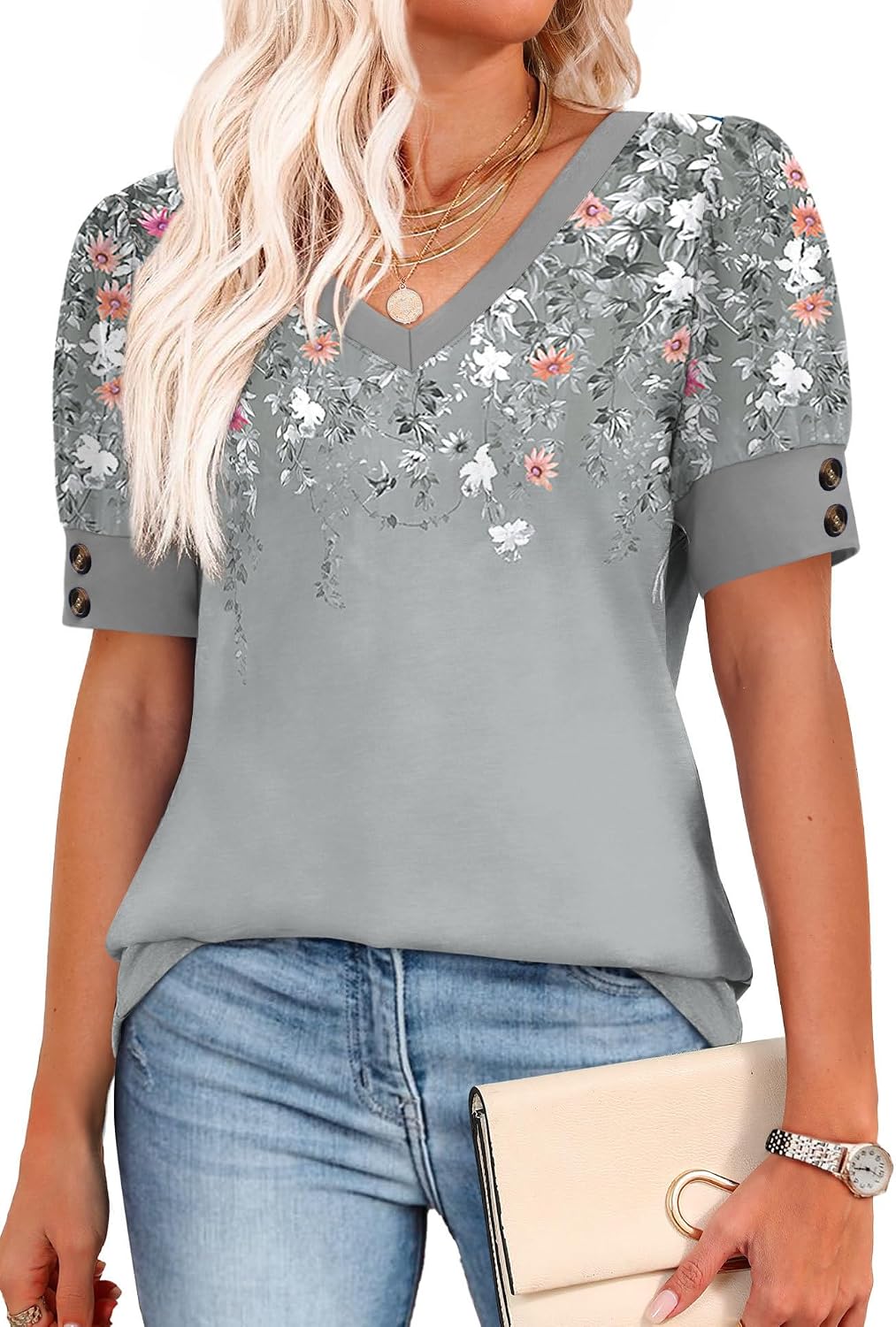Womens Tops Short Sleeve Shirts Buttons V Neck Spring Fashion Summer Outfits Plus Size Blouses Dressy Casual