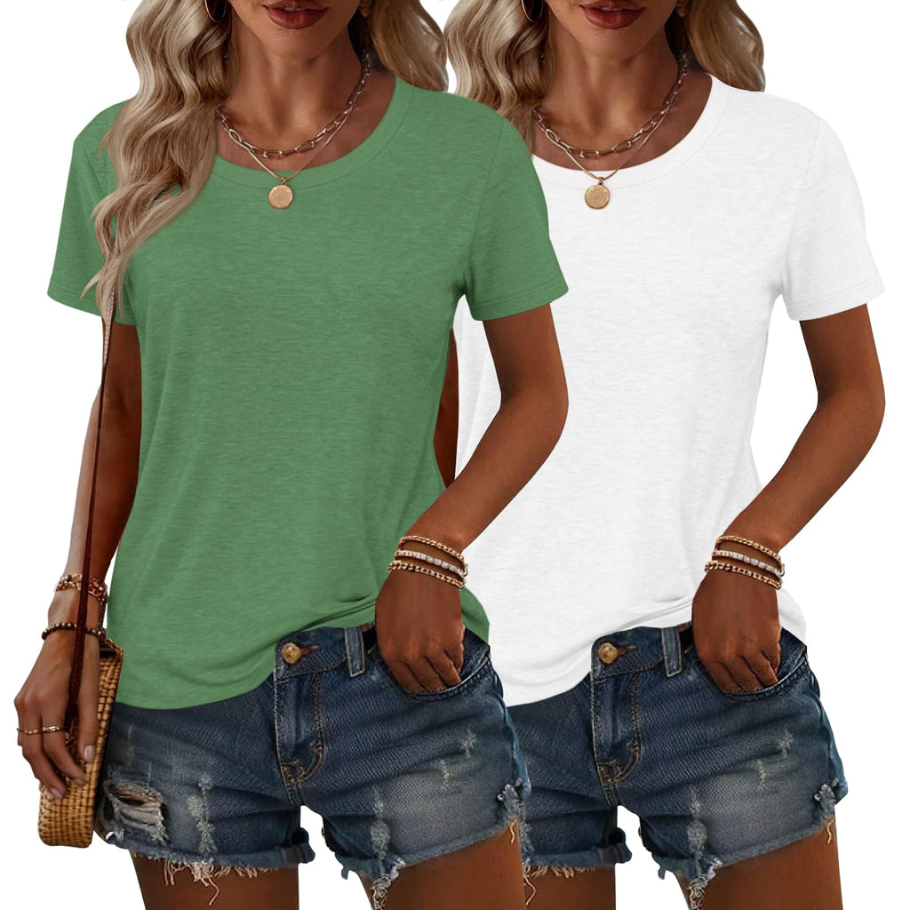 2PCS Women Short Sleeve T Shirts Crew Neck Solid Soft Basic Tee Casual Loose Fit Lightweight Summer Tops Clothes 2026