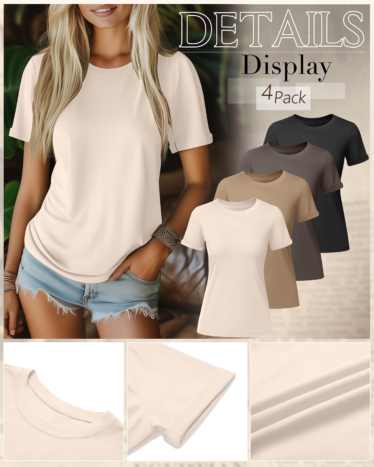 4 Pack Women's Cotton T Shirts | Casual, Short Sleeve, Tunic Tops, Crewneck, Plain, Loose Fit, Rolled Sleeve, Basic Tee, Summer
