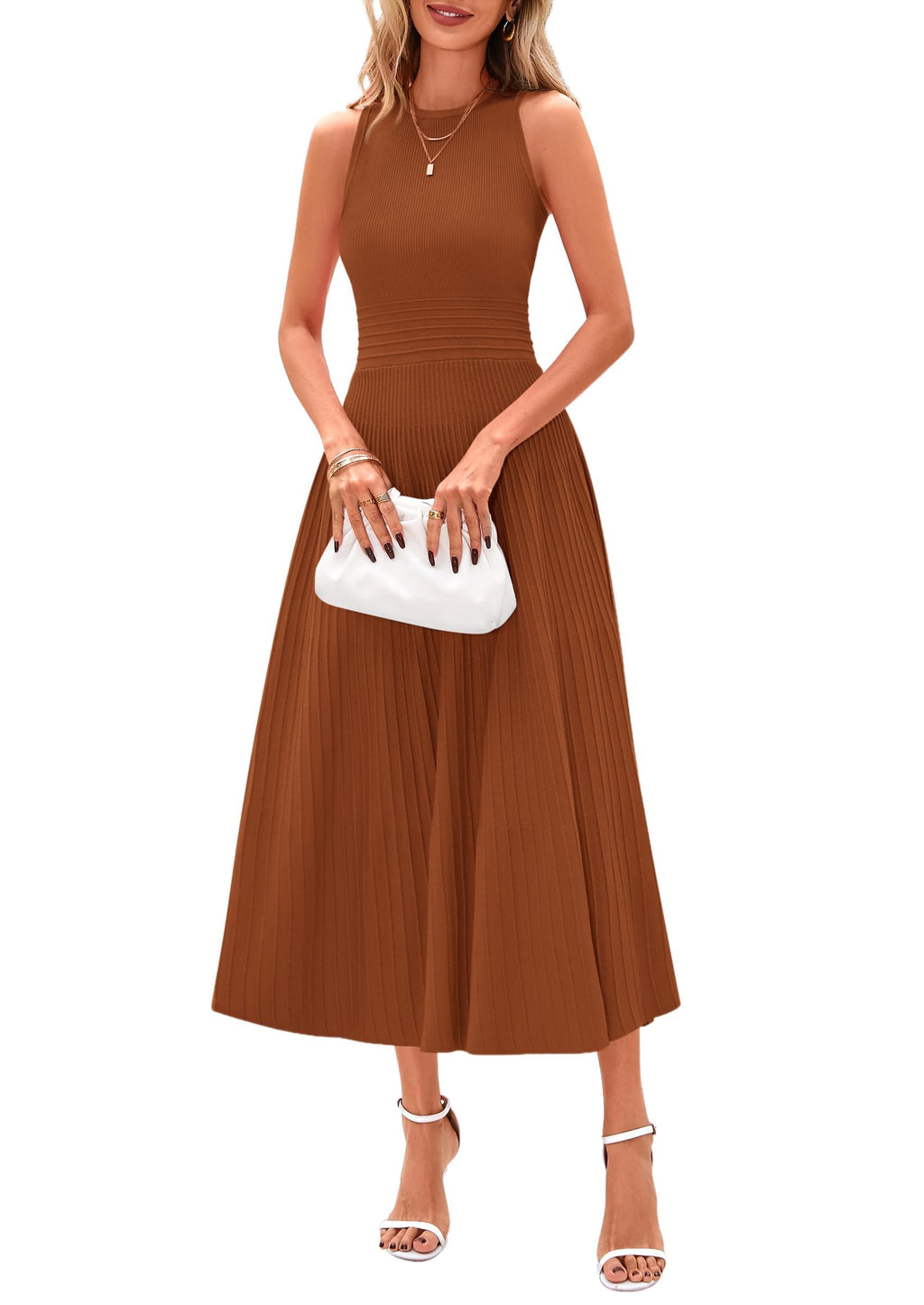 Women's Summer Pleated Midi Work Dress | Sleeveless A Line Knit Business Dresses, Spring Semi Formal Long Dress for Wedding Guest, Cocktail Party, Teacher Outfits