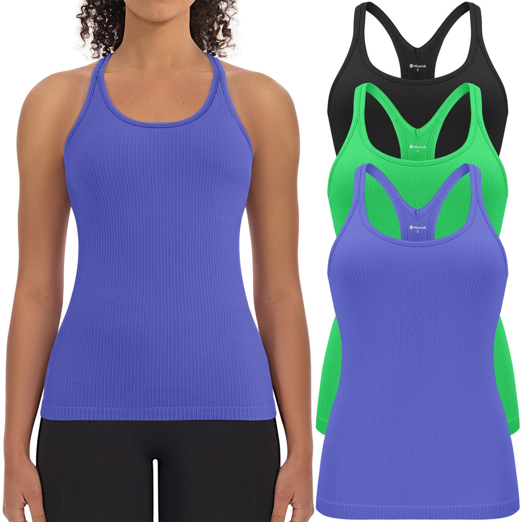 3 Pack Workout Tank Tops for Women with Built in Bra Ribbed | with Removable Pads, Seamless, Racerback, Scoop Neck, Athletic Running Gym Yoga Tops, High Stretch Fabric, Hip Length, Soft