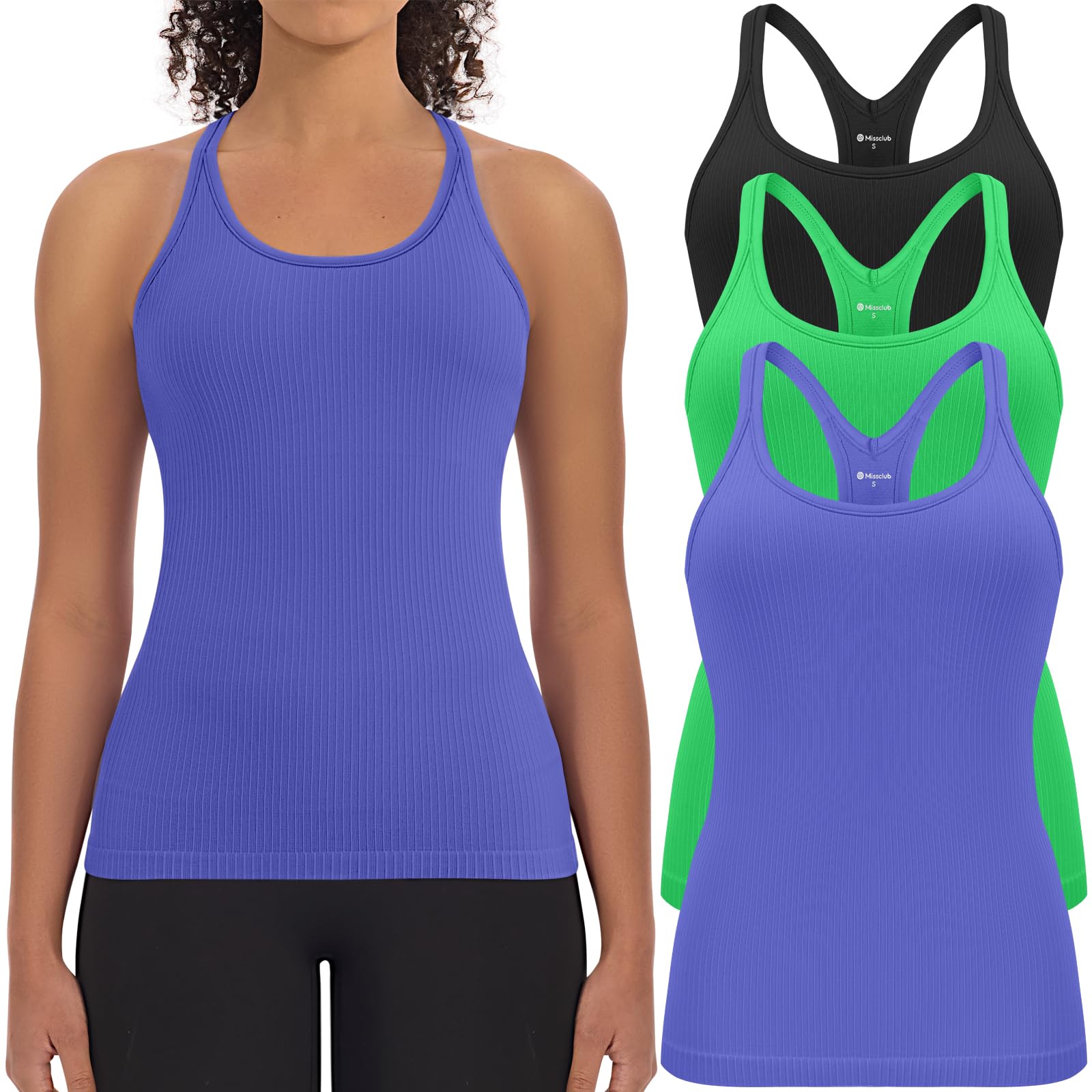 3 Pack Workout Tank Tops for Women with Built in Bra Ribbed | with Removable Pads, Seamless, Racerback, Scoop Neck, Athletic Running Gym Yoga Tops, High Stretch Fabric, Hip Length, Soft