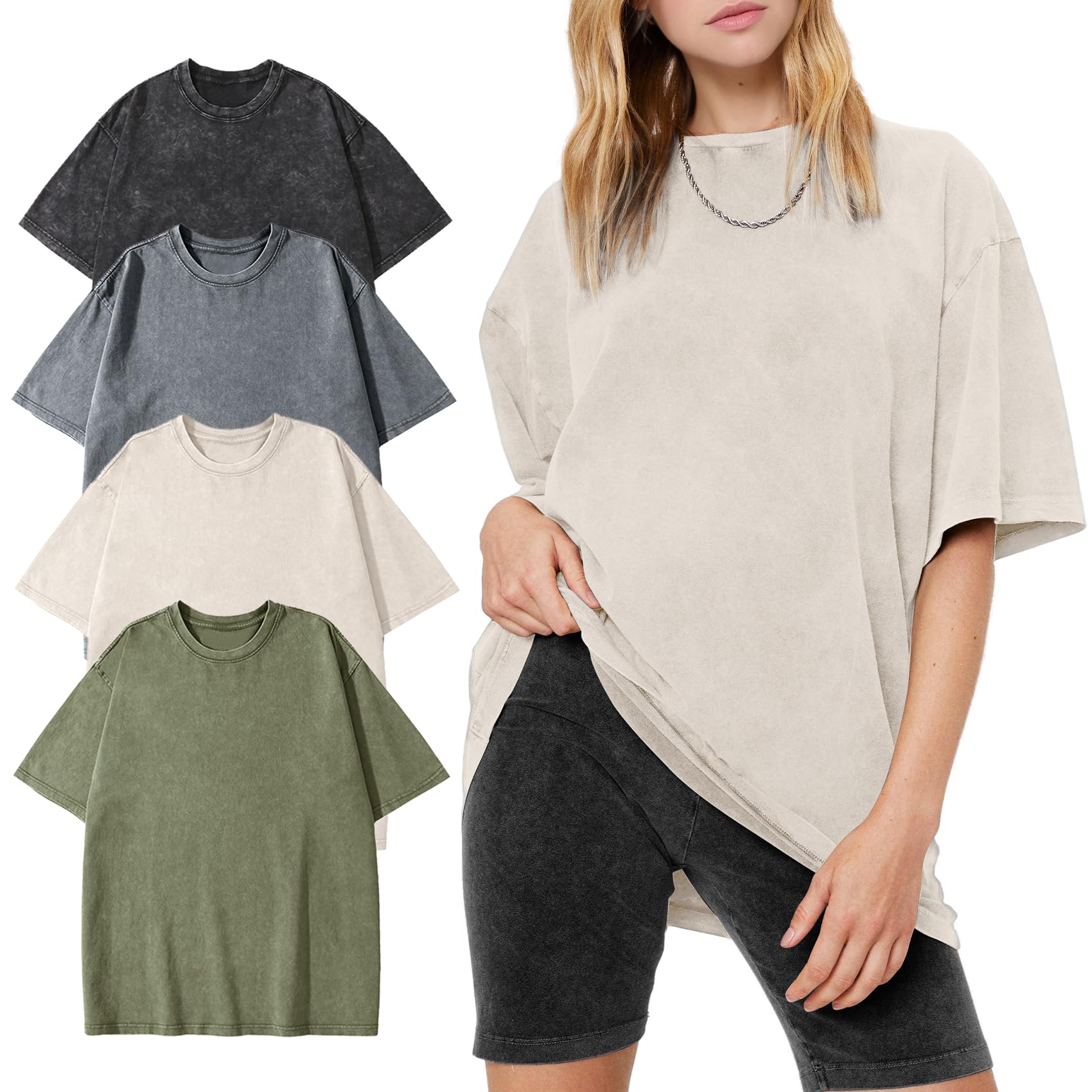 Women's Vintage Oversized T Shirts Washed Cotton Short Sleeve Tops | Soft Cotton Acid Wash Tees, Loose Baggy Boyfriend Fit, Gym, Workout, Streetwear, Casual Daily Outfits