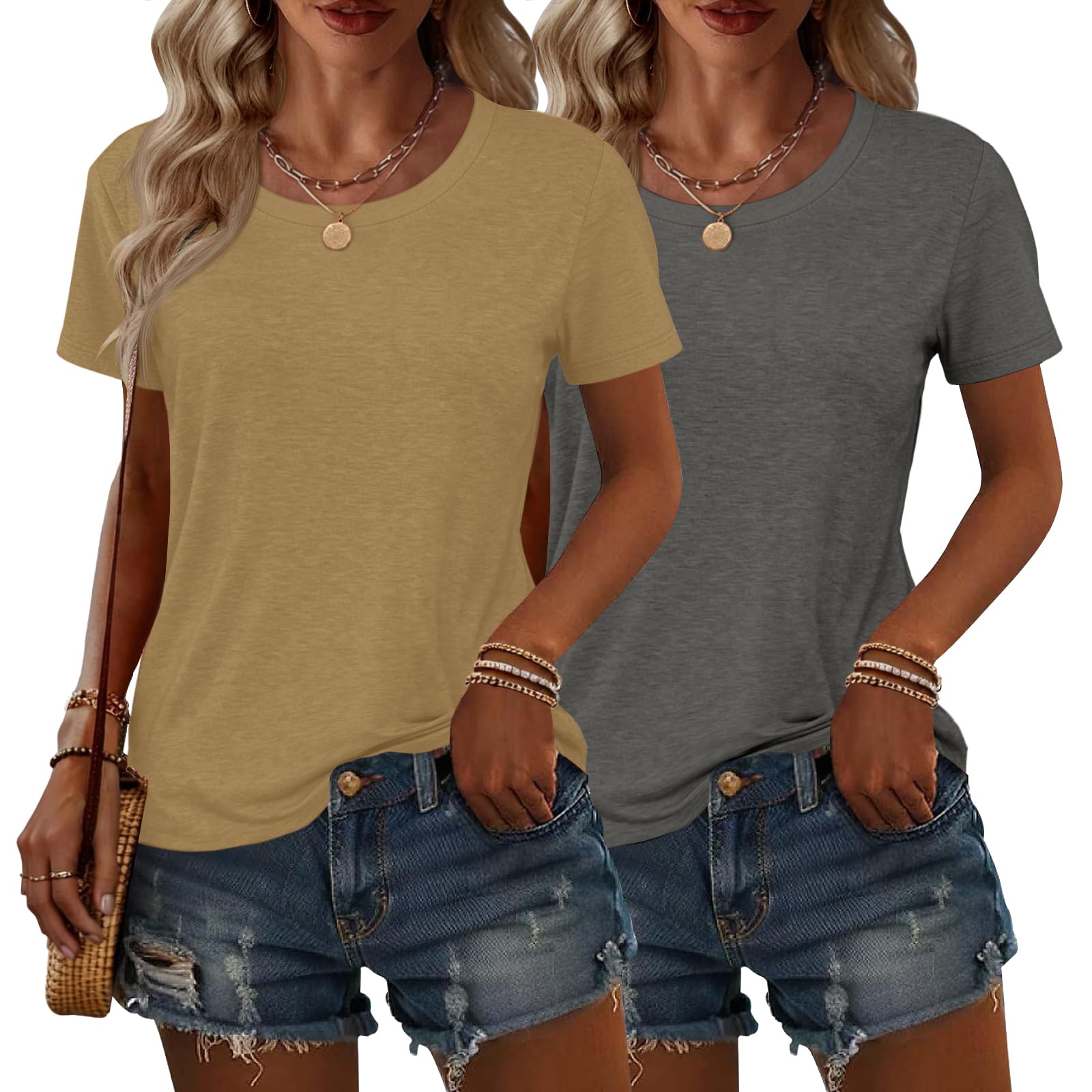 2PCS Women Short Sleeve T Shirts Crew Neck Solid Soft Basic Tee Casual Loose Fit Lightweight Summer Tops Clothes 2026