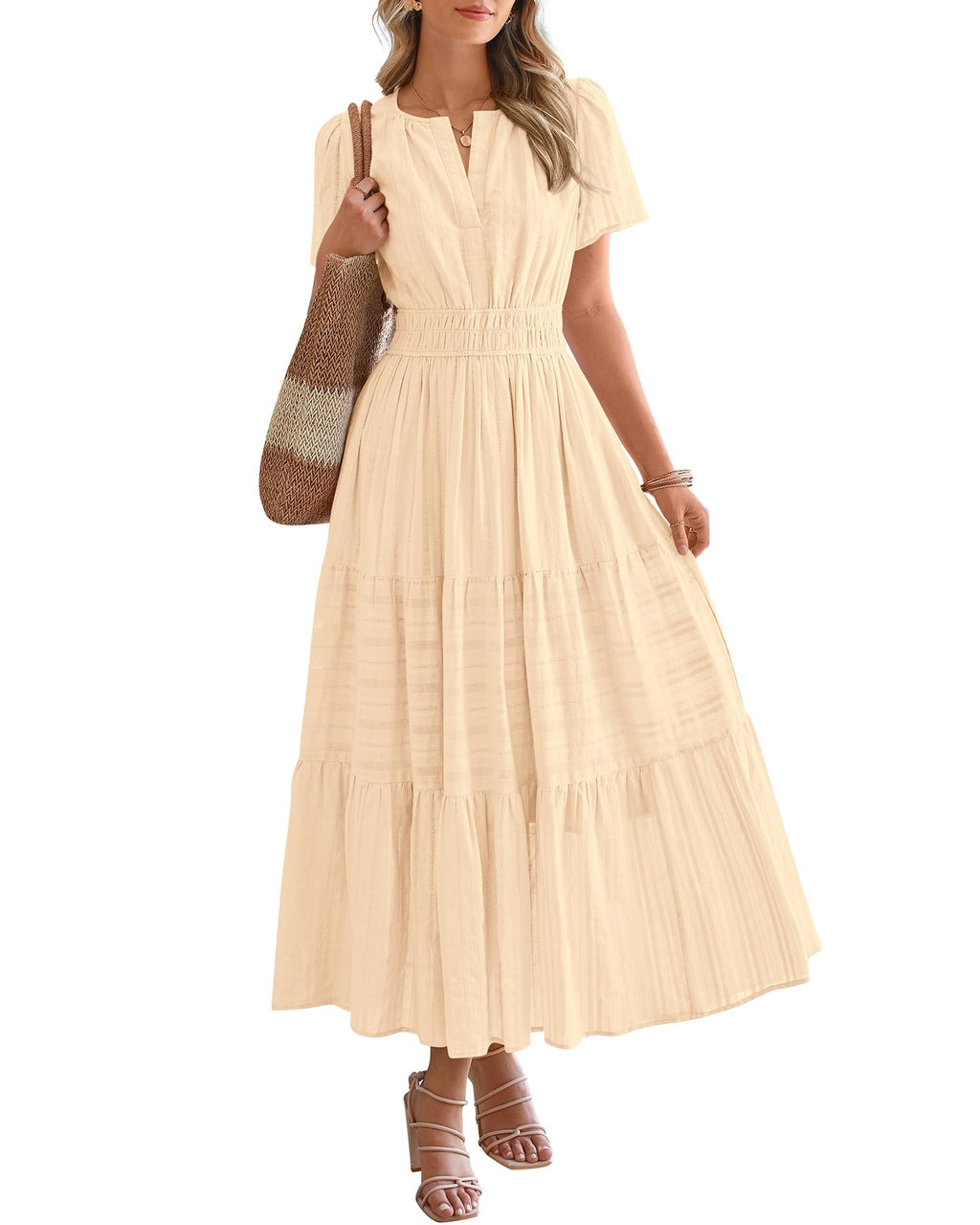 Womens Summer 2026 Casual Maxi Dresses | Lightweight Short Sleeve V Neck,Elastic Waist A Line Long Dress,Boho Beach Dress Pockets,Vacation Outfits,Fashion Clothing