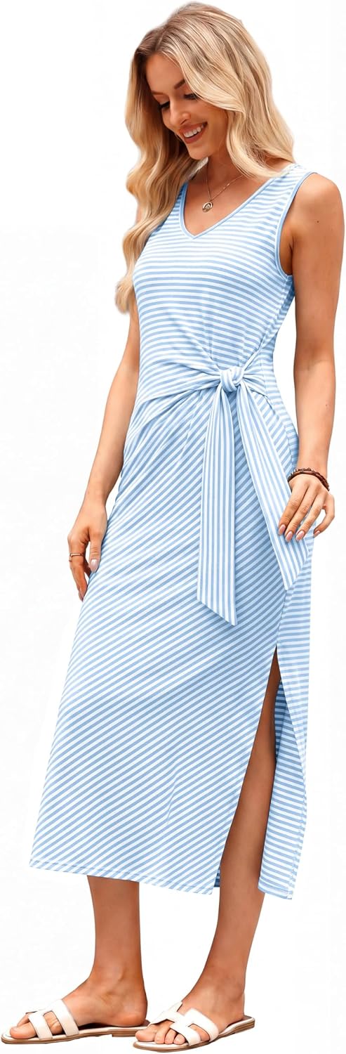 Summer Dresses for Women 2026 V Neck Sleeveless Casual Dress Elegant Work Long Midi Dresses for Women Tie Waist