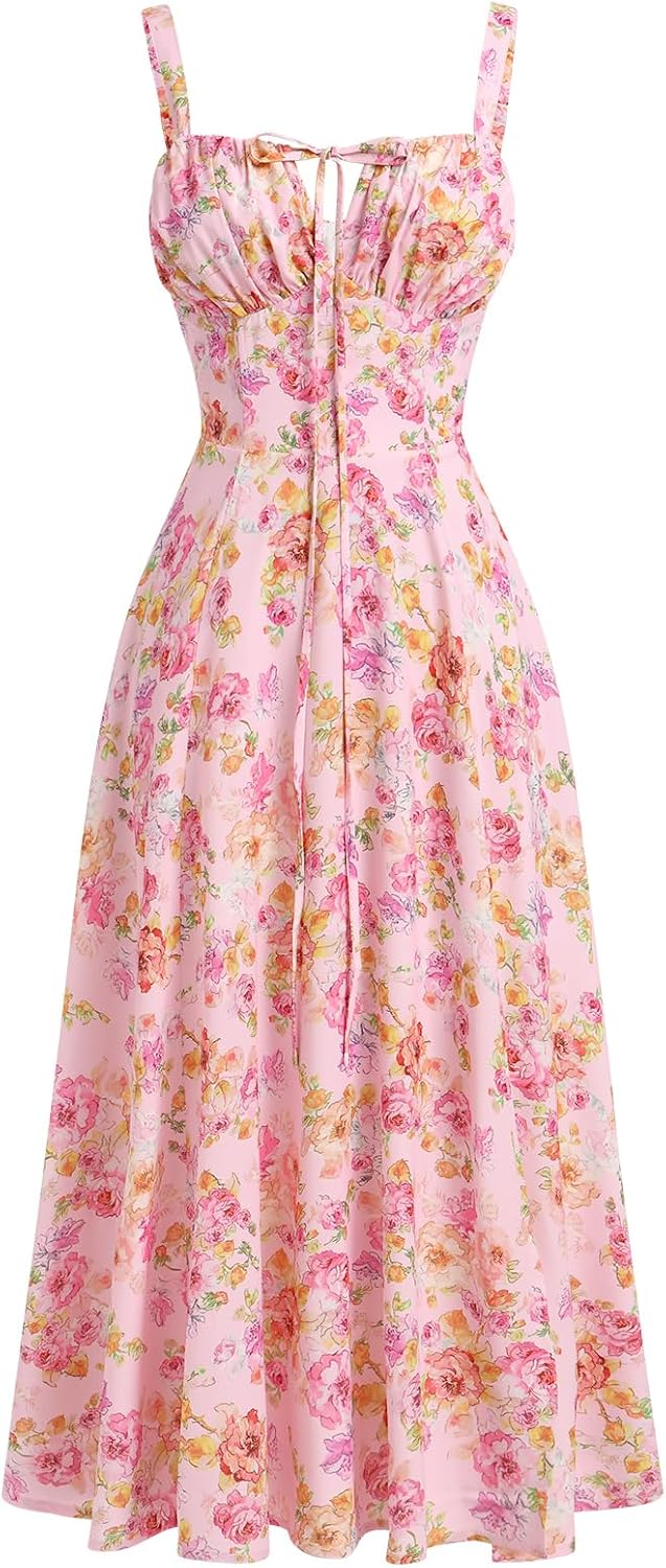Women Floral Corset Dress Summer Dress 2026 Boho Flowy Slit Lace Up Midi Dresses Going Out A Line Casual Sundress