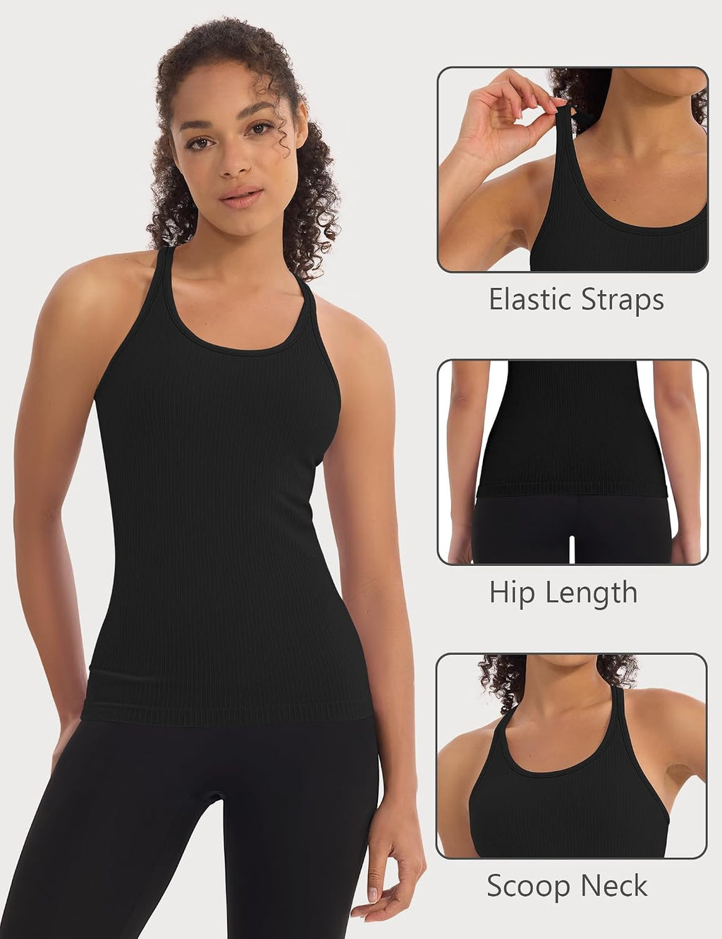 3 Pack Workout Tank Tops for Women with Built in Bra Ribbed | with Removable Pads, Seamless, Racerback, Scoop Neck, Athletic Running Gym Yoga Tops, High Stretch Fabric, Hip Length, Soft