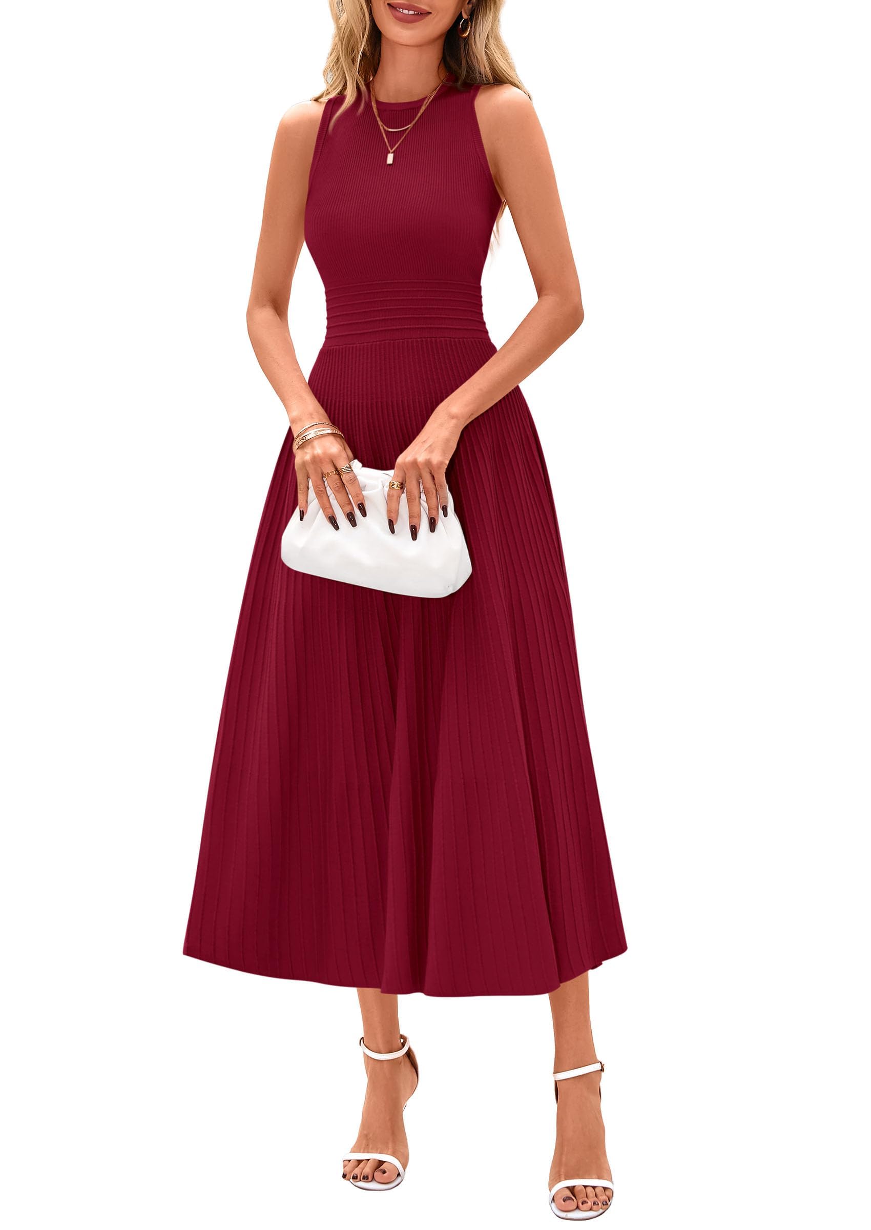 Women's Summer Pleated Midi Work Dress | Sleeveless A Line Knit Business Dresses, Spring Semi Formal Long Dress for Wedding Guest, Cocktail Party, Teacher Outfits