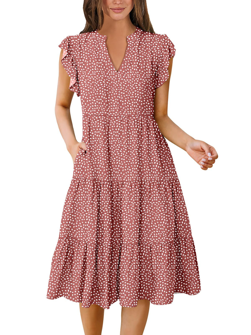 Womens Summer Dress Ruffle Sleeve V Neck Midi Dresses Fashion Casual Fit Flowy Tiered Boho Beach Vacation Sundress