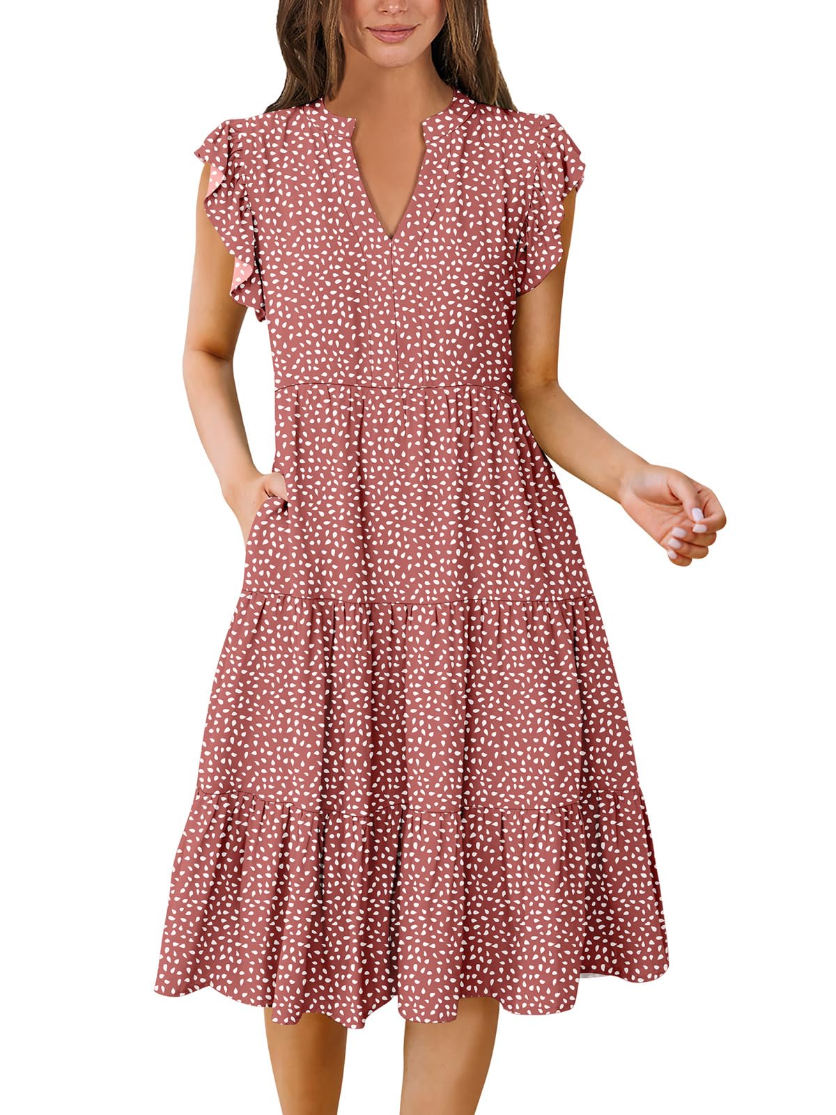 Womens Summer Dress Ruffle Sleeve V Neck Midi Dresses Fashion Casual Fit Flowy Tiered Boho Beach Vacation Sundress