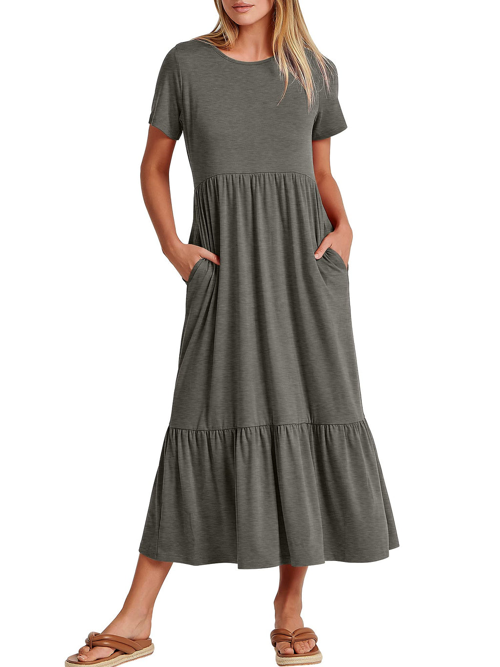Womens 2026 Summer Casual Maxi Dress A line Tiered Flowy Short Sleeve Crewneck T Shirt Beach Travel Long Dresses