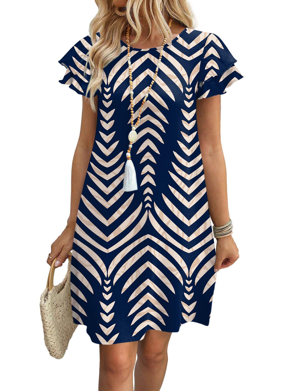 Womens Summer Dresses 2026 Ruffle Sleeve Round Neck Loose Swing Sundresses with Pockets Plain/Print