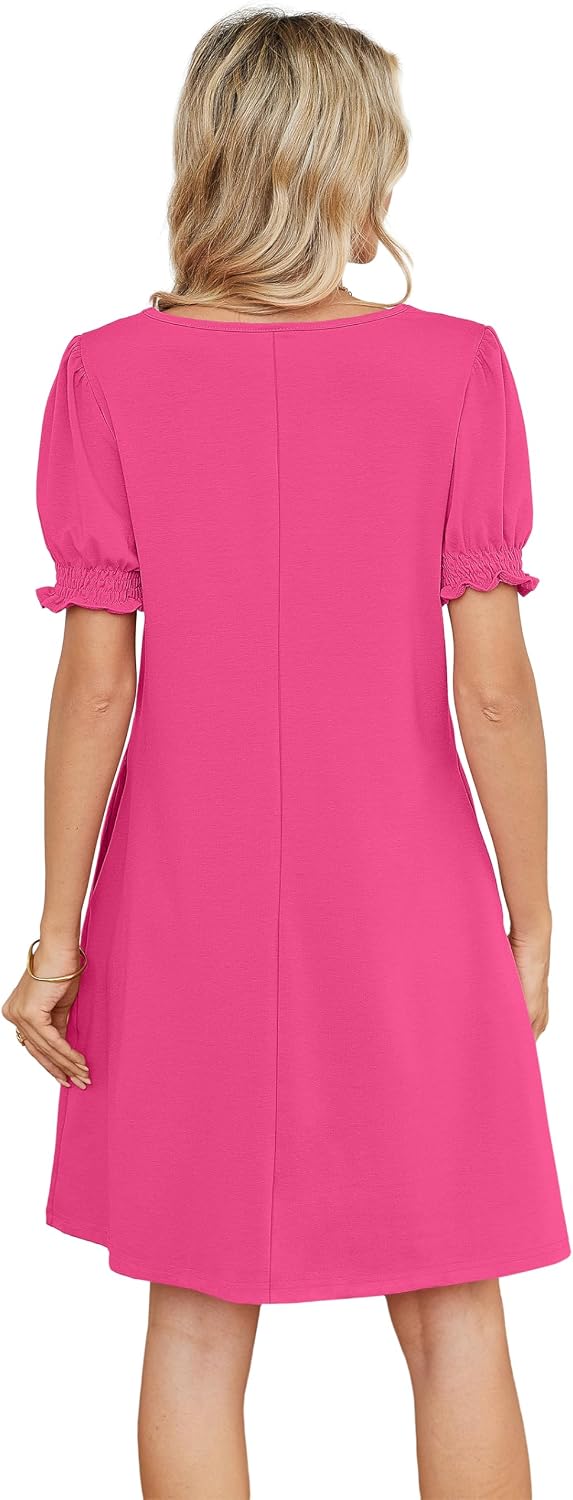 Summer Dresses for Women 2025 Casual Cute Square Neck Puff Short Sleeve Dress with Pockets