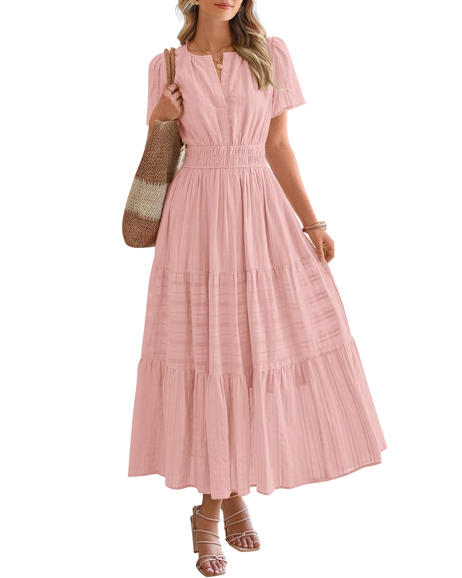 Womens Summer 2026 Casual Maxi Dresses | Lightweight Short Sleeve V Neck,Elastic Waist A Line Long Dress,Boho Beach Dress Pockets,Vacation Outfits,Fashion Clothing