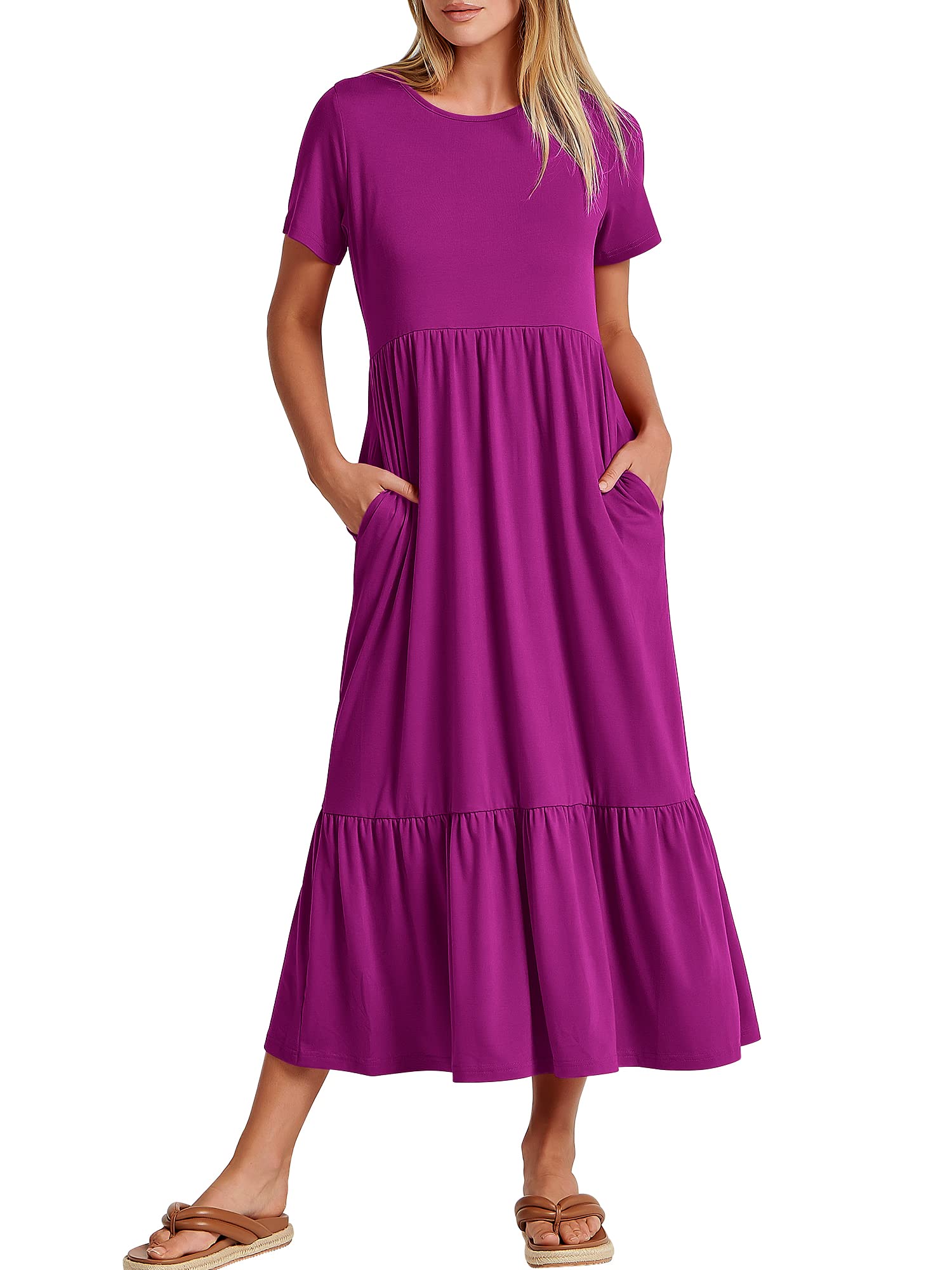 Womens 2026 Summer Casual Maxi Dress A line Tiered Flowy Short Sleeve Crewneck T Shirt Beach Travel Long Dresses