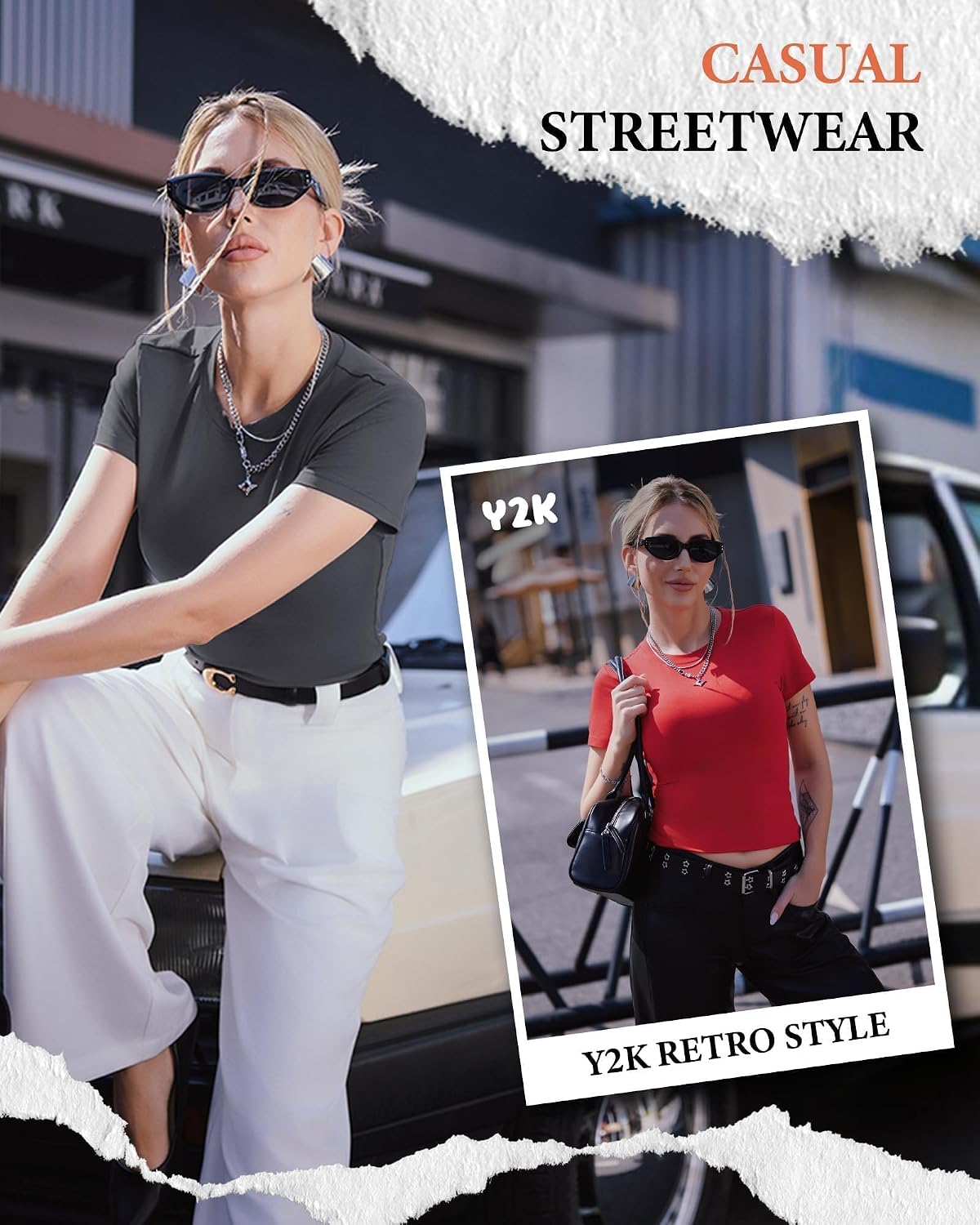 3 Pack Basic Tees for Women - Crew Neck Slim Fit Tight T Shirts Cute Y2K Trendy Crop Tops Clothes for Casual Summer