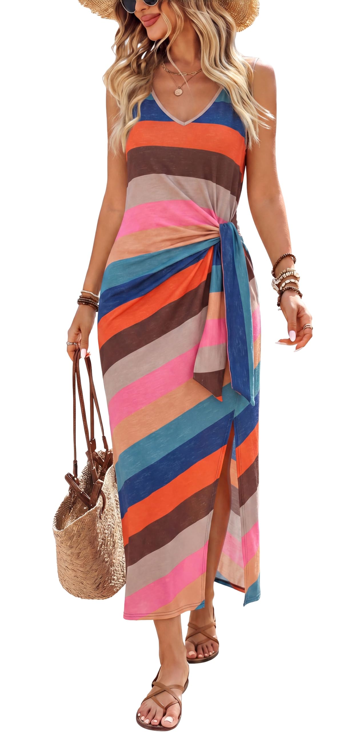 Summer Dresses for Women 2026 V Neck Sleeveless Casual Dress Elegant Work Long Midi Dresses for Women Tie Waist