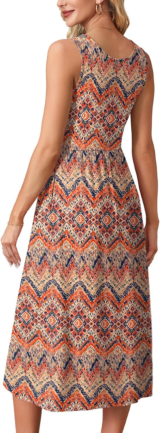 Summer Dresses for Women Flowy Casual Midi Dress Beach Vacation Sundresses with Pockets