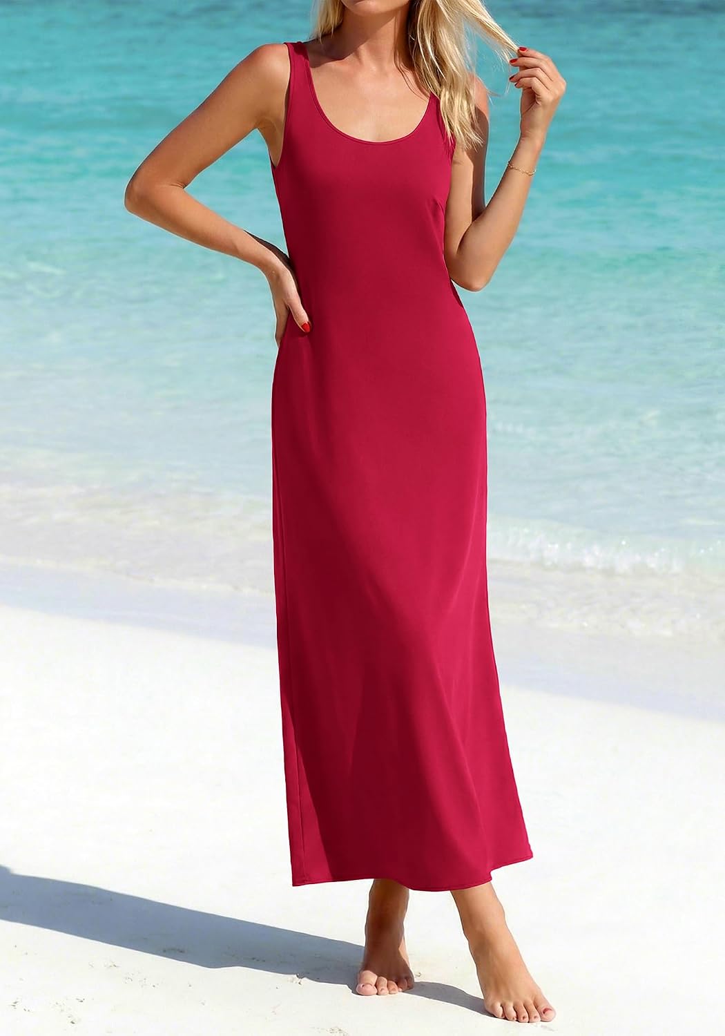 Womens Sleeveless Satin Summer Dresses | Scoop Neck, Lightweight, Loose Sundress, Beach Vacation Clothes, Elegant Cocktail, Party, Going Out Outfits, Fashion Clothing
